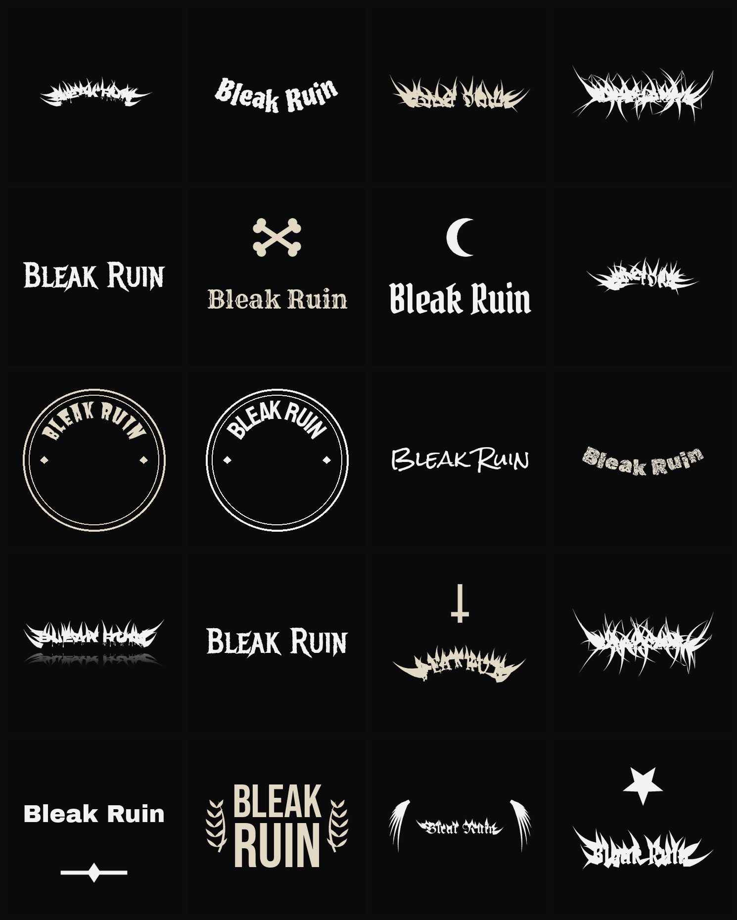 Twenty Bleak Ruin band logo ideas — different faces, treatments and spike settings