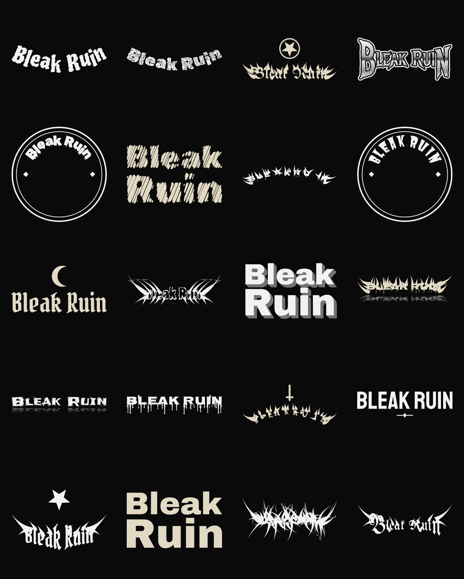 Twenty Bleak Ruin band logo ideas — different faces, treatments and spike settings
