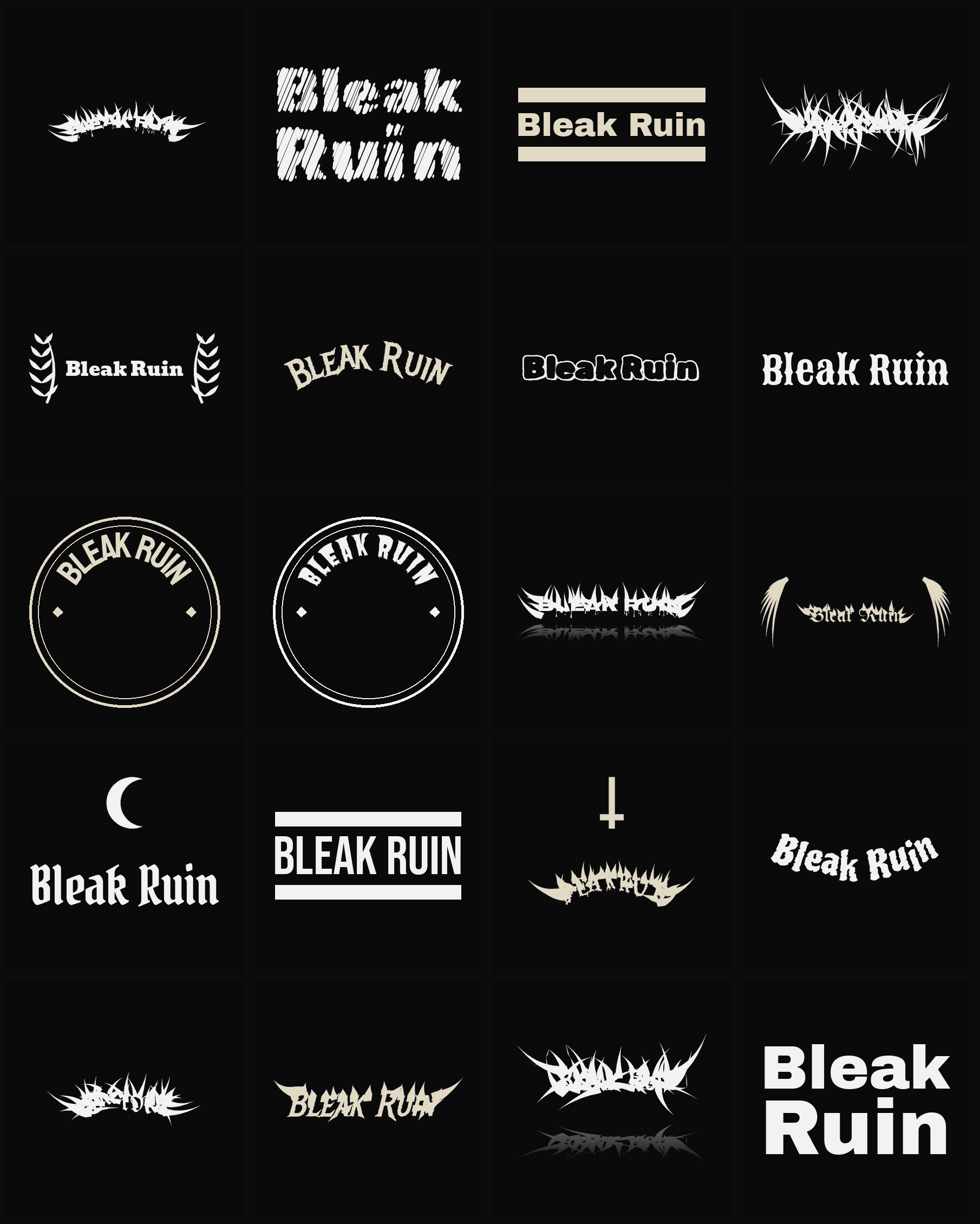 Twenty Bleak Ruin band logo ideas — different faces, treatments and spike settings