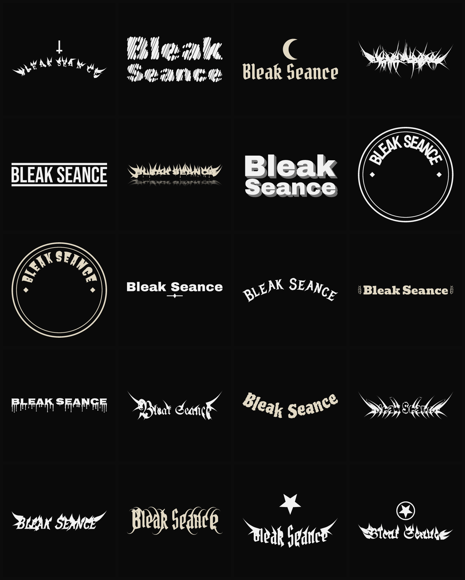 Twenty Bleak Seance band logo ideas — different faces, treatments and spike settings
