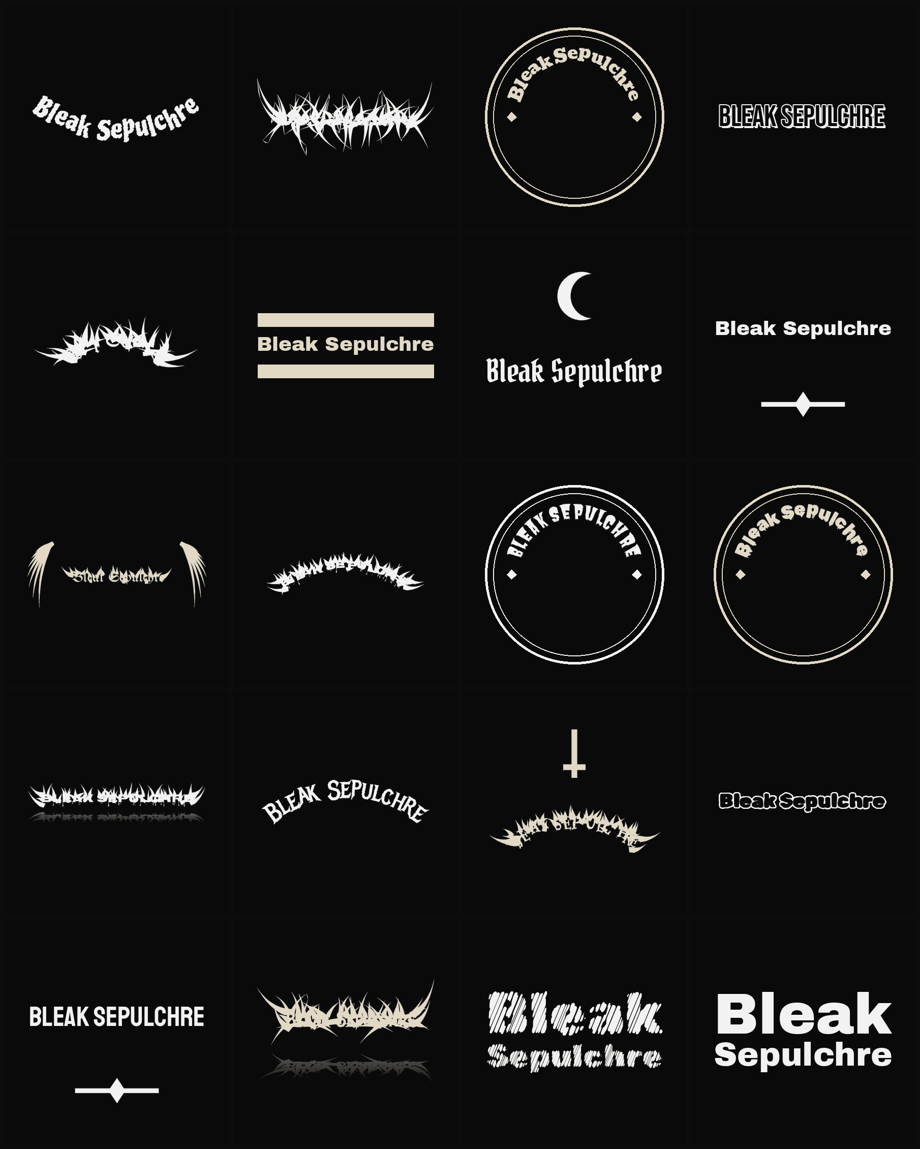 Twenty Bleak Sepulchre band logo ideas — different faces, treatments and spike settings