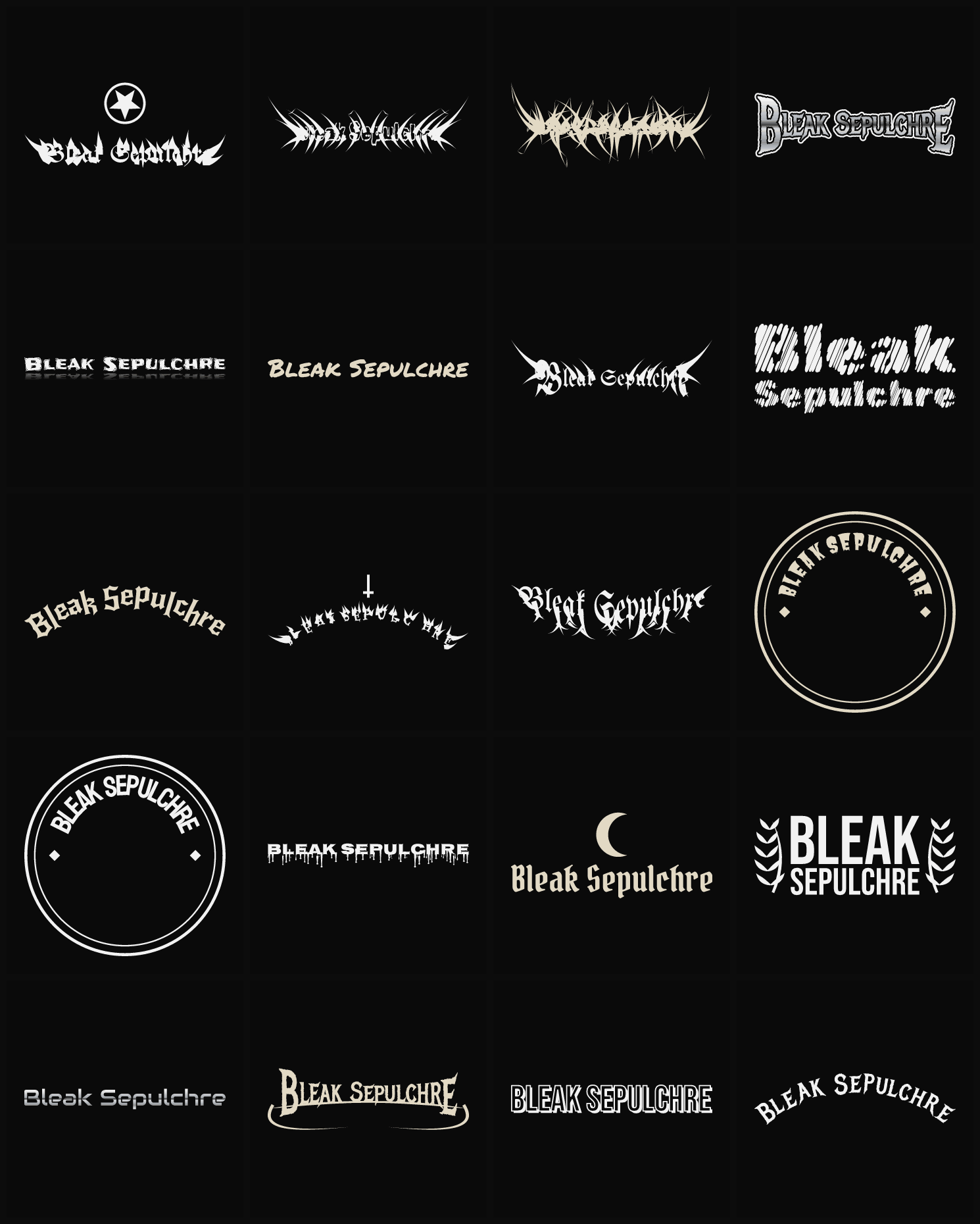 Twenty Bleak Sepulchre band logo ideas — different faces, treatments and spike settings