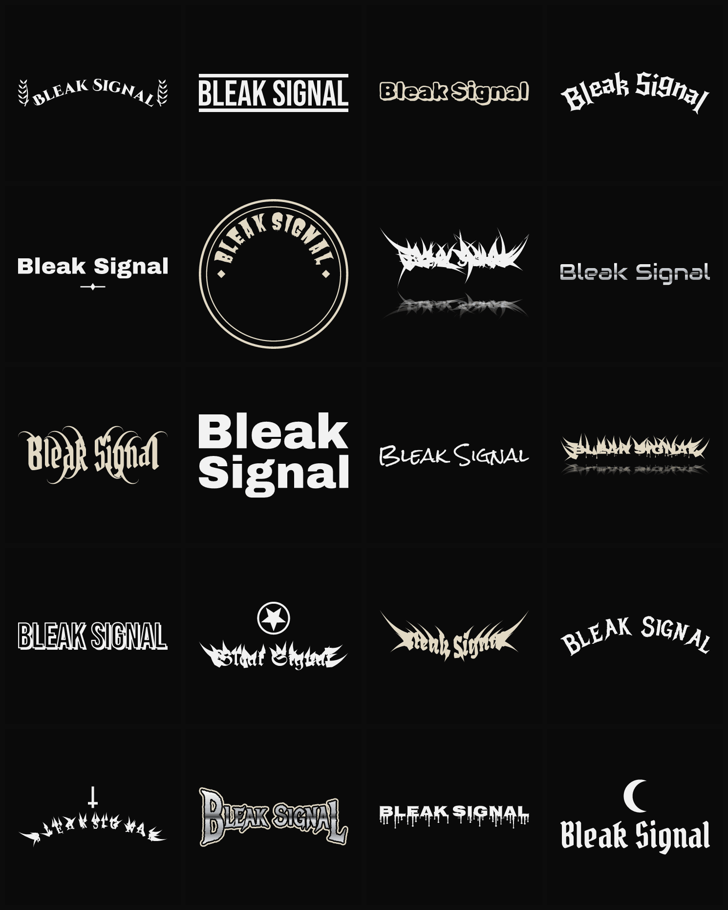 Twenty Bleak Signal band logo ideas — different faces, treatments and spike settings