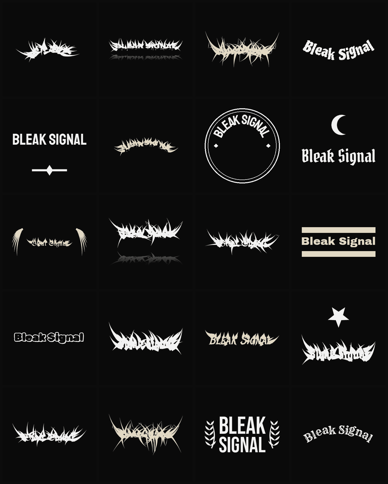 Twenty Bleak Signal band logo ideas — different faces, treatments and spike settings