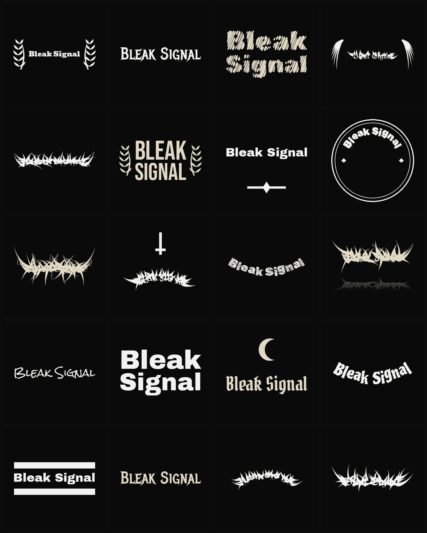 Twenty Bleak Signal band logo ideas — different faces, treatments and spike settings