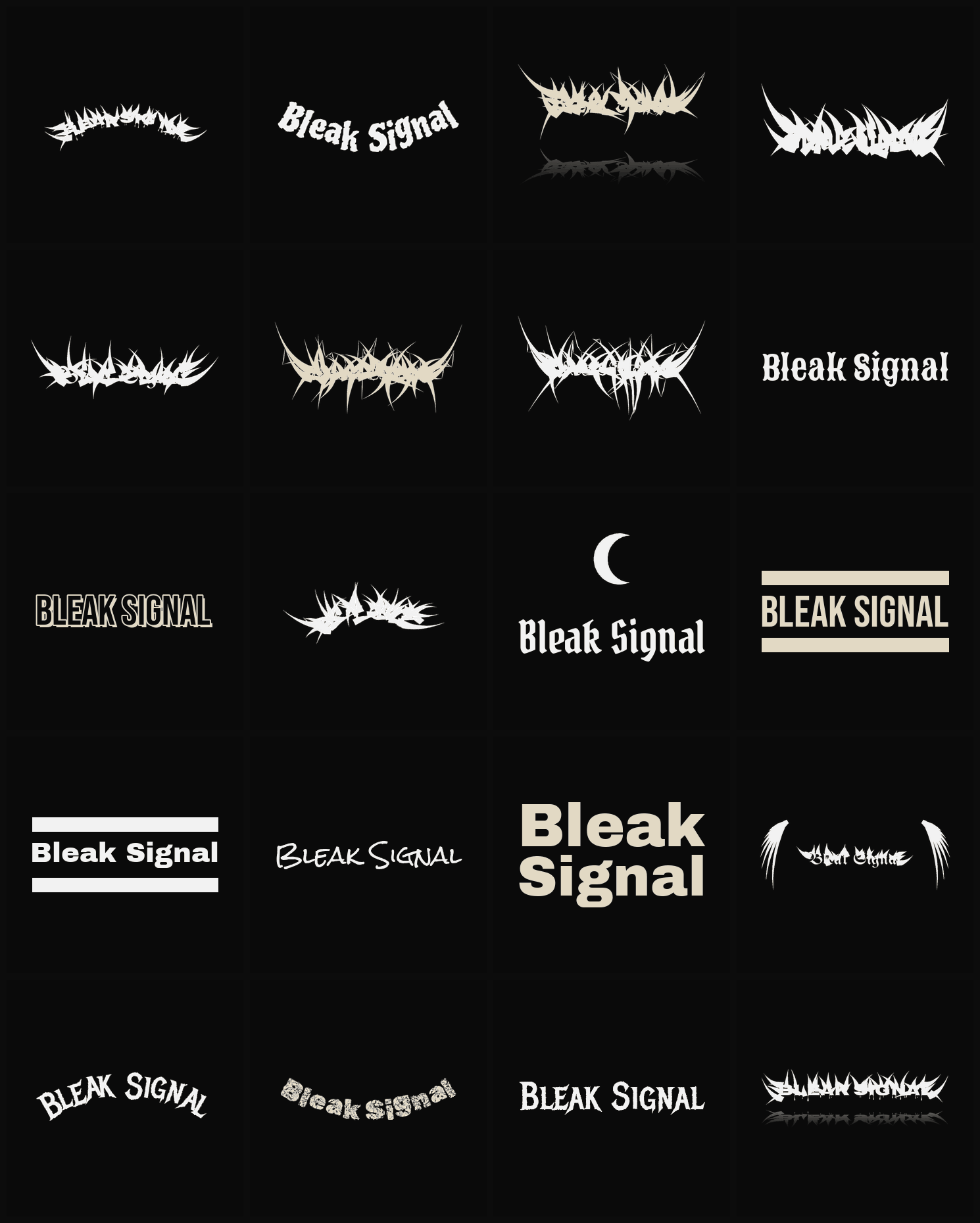 Twenty Bleak Signal band logo ideas — different faces, treatments and spike settings