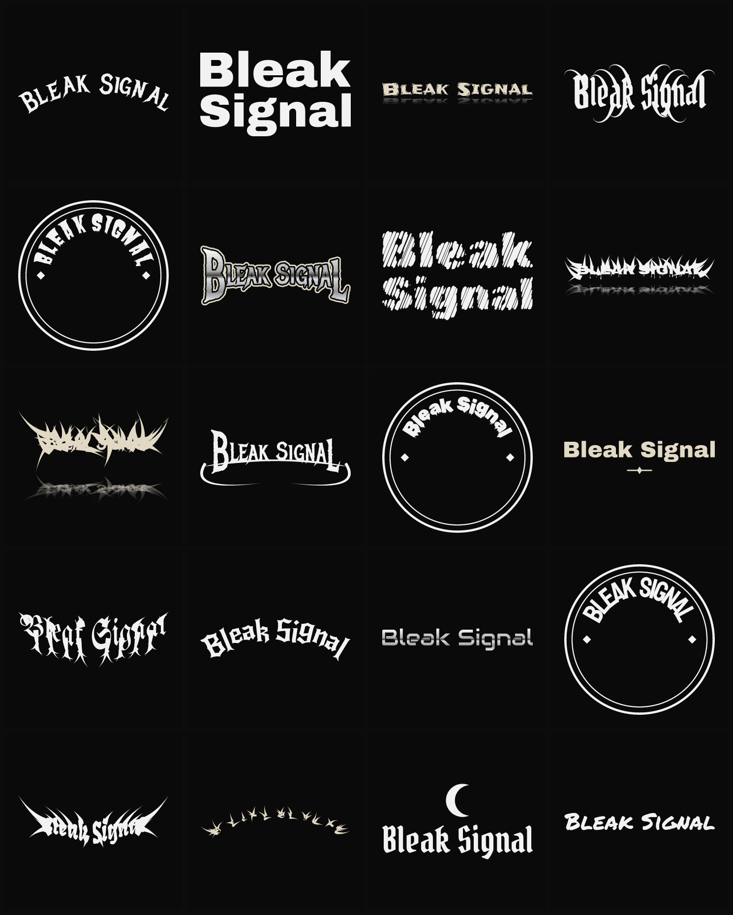 Twenty Bleak Signal band logo ideas — different faces, treatments and spike settings