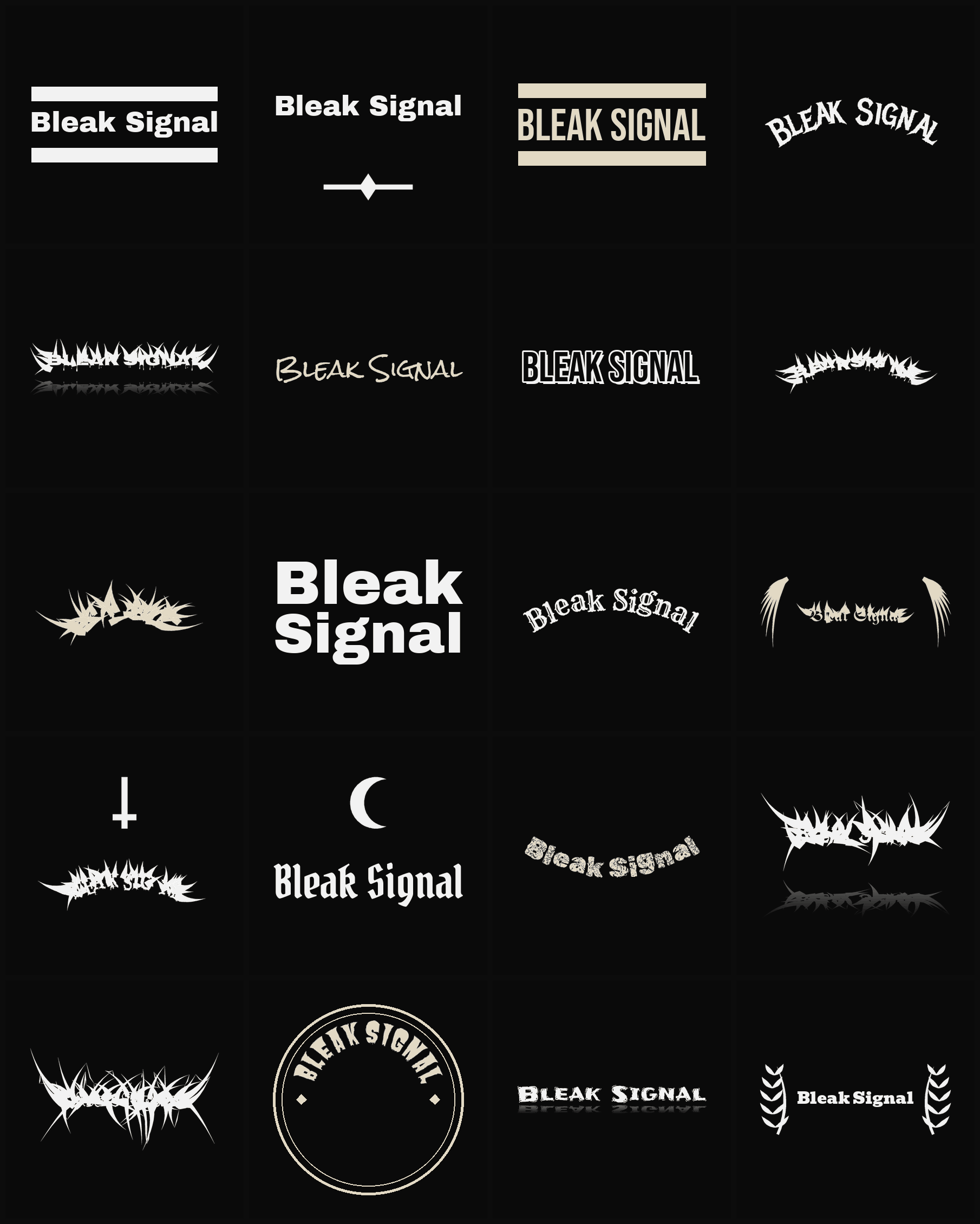 Twenty Bleak Signal band logo ideas — different faces, treatments and spike settings