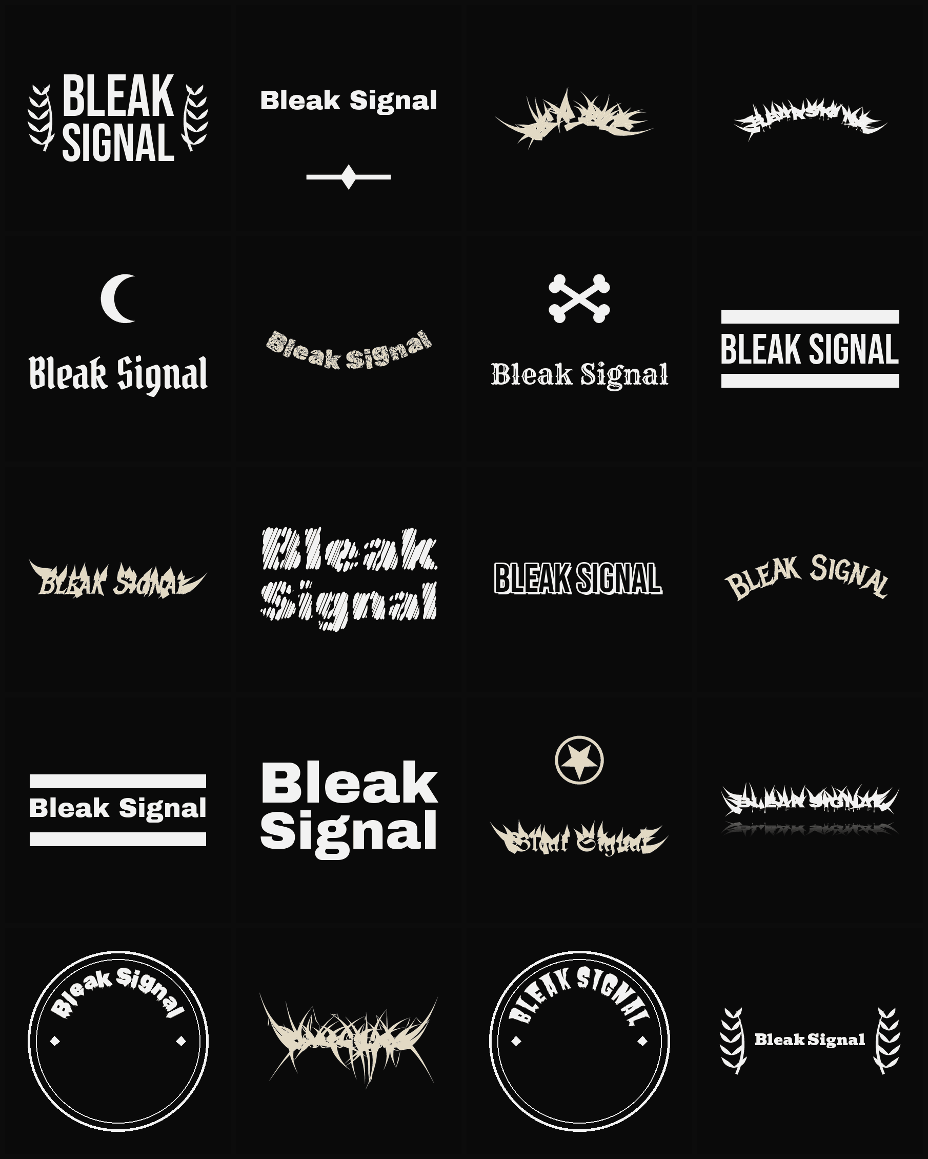 Twenty Bleak Signal band logo ideas — different faces, treatments and spike settings