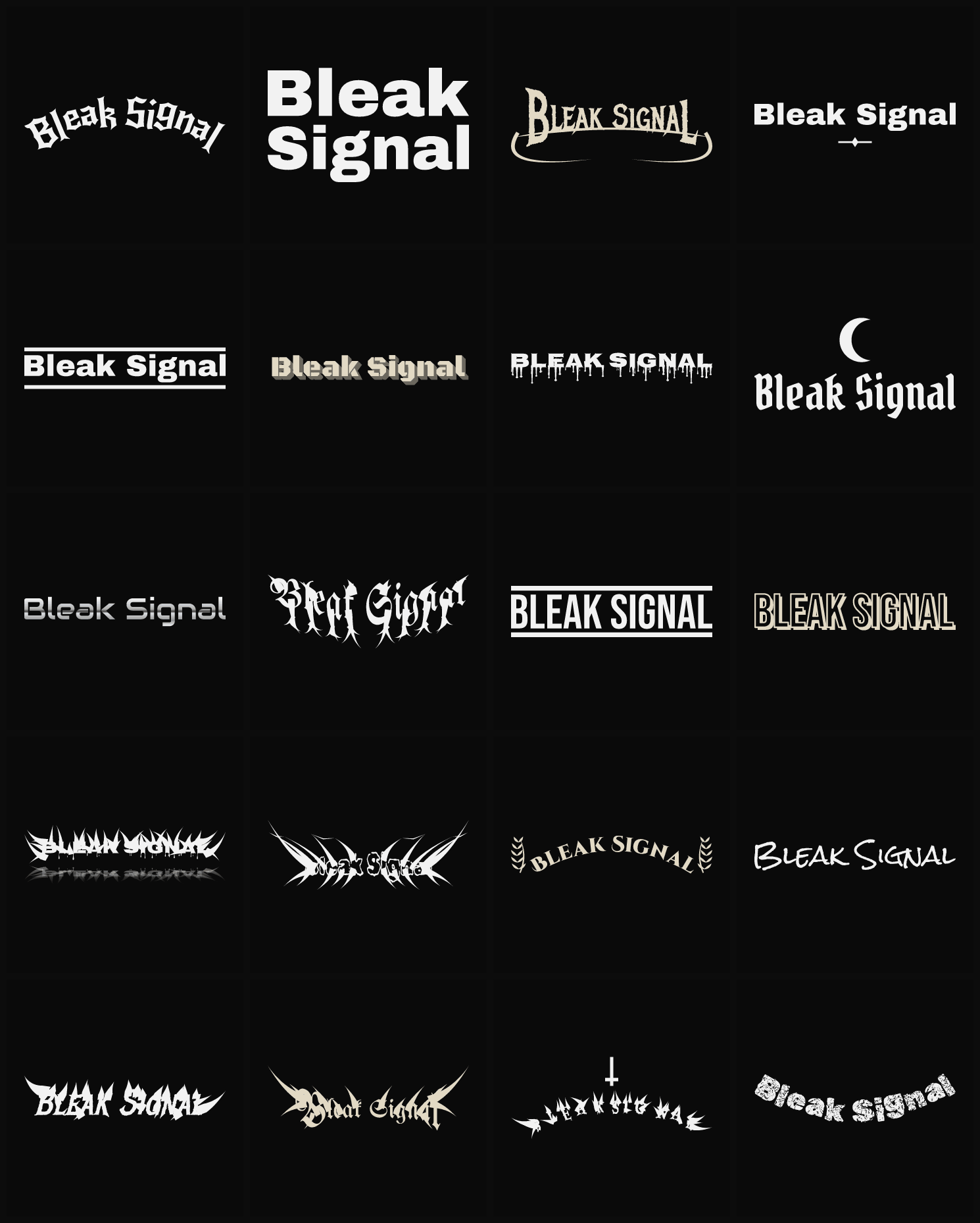 Twenty Bleak Signal band logo ideas — different faces, treatments and spike settings