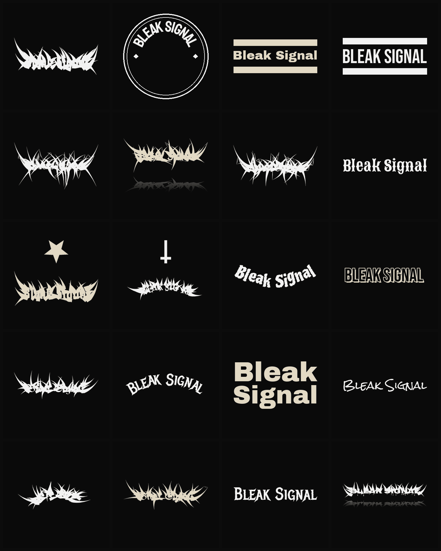 Twenty Bleak Signal band logo ideas — different faces, treatments and spike settings