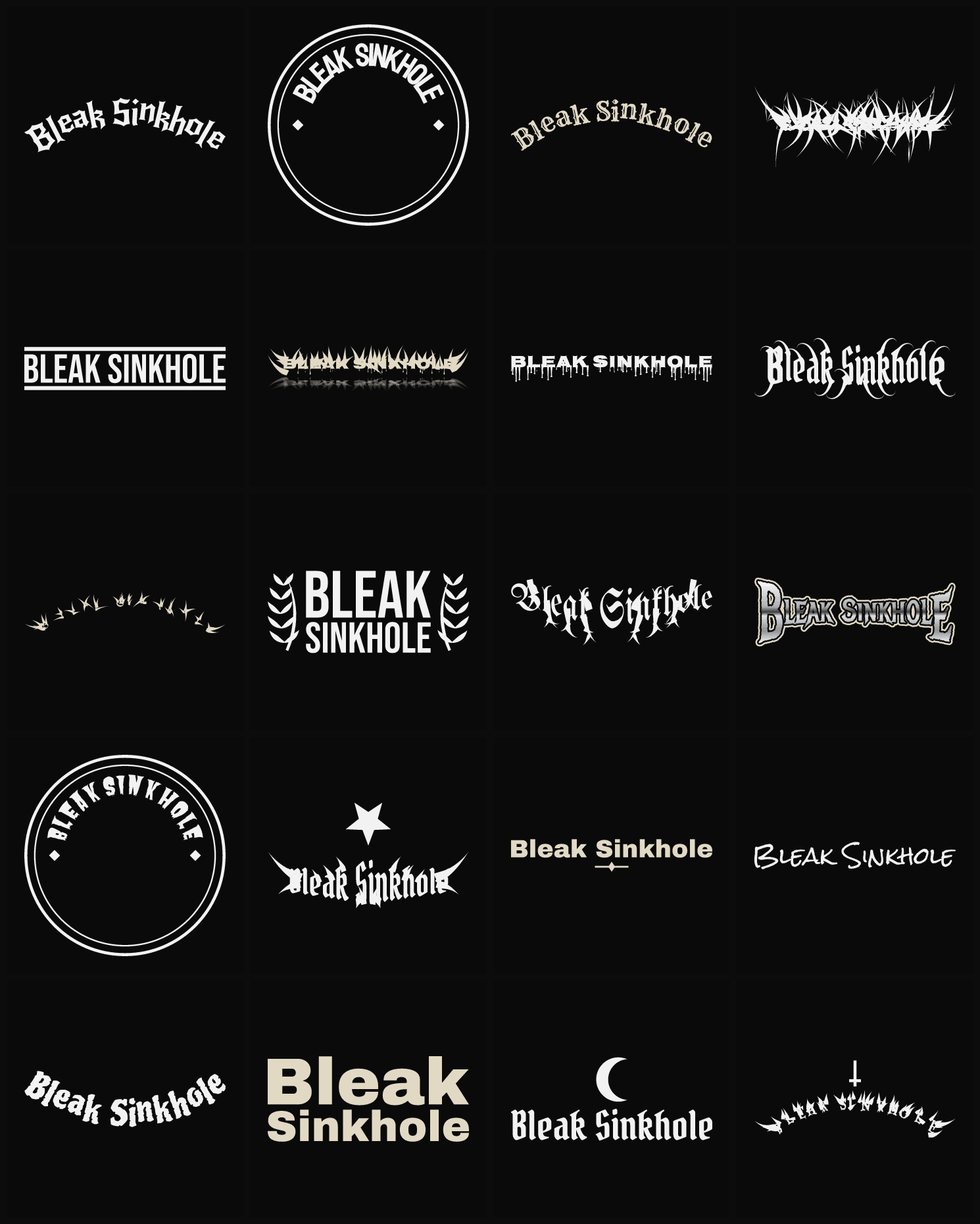 Twenty Bleak Sinkhole band logo ideas — different faces, treatments and spike settings