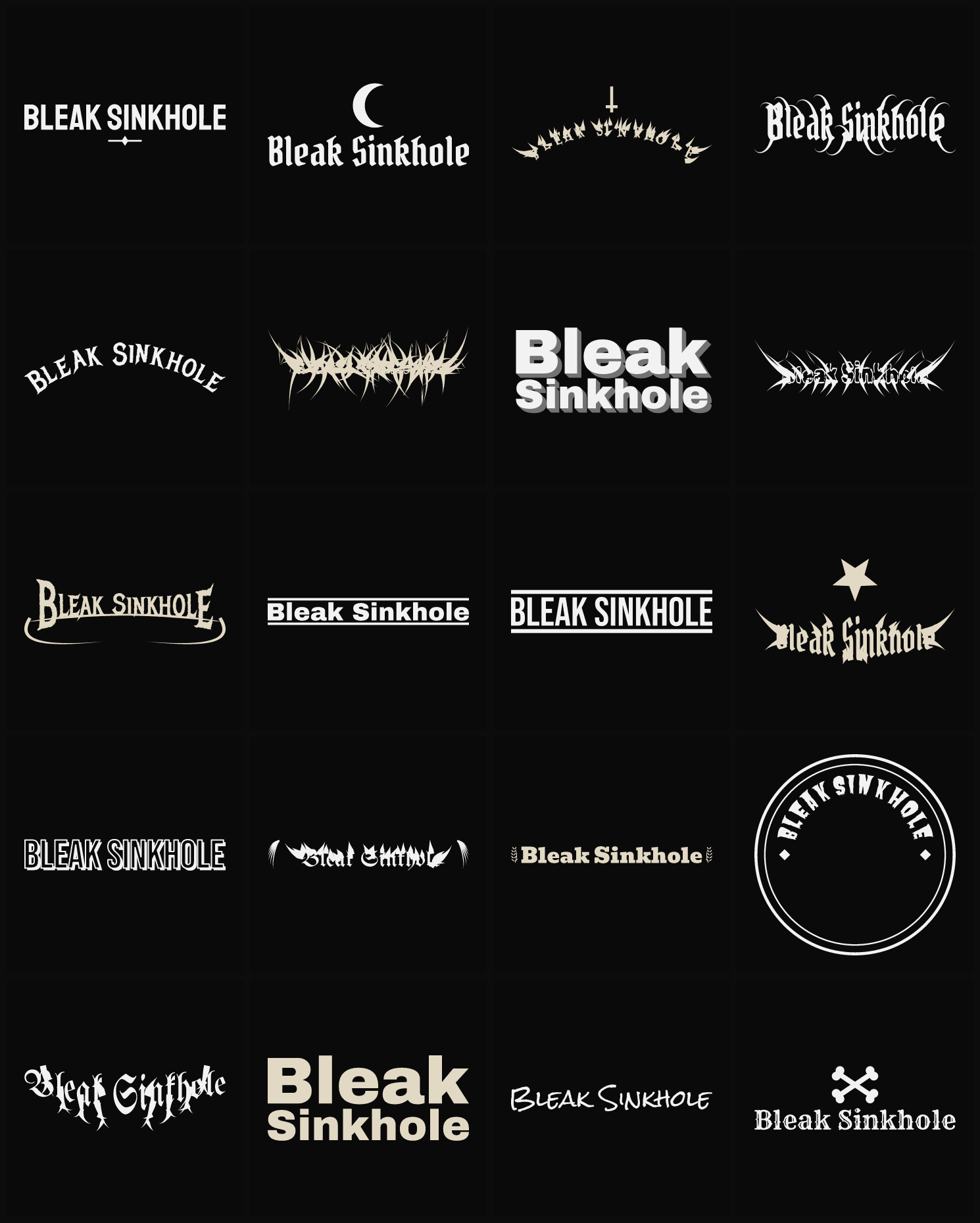 Twenty Bleak Sinkhole band logo ideas — different faces, treatments and spike settings
