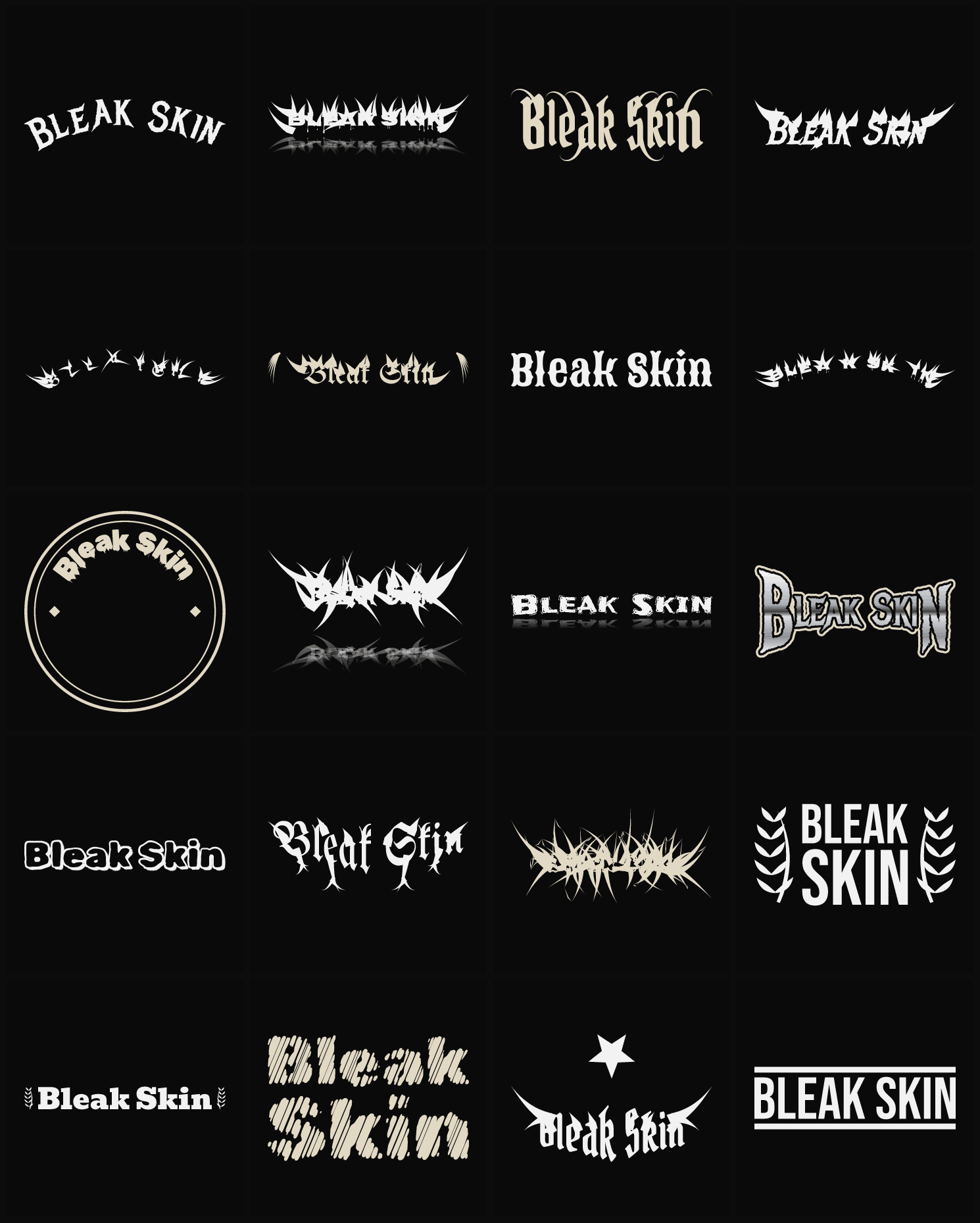 Twenty Bleak Skin band logo ideas — different faces, treatments and spike settings