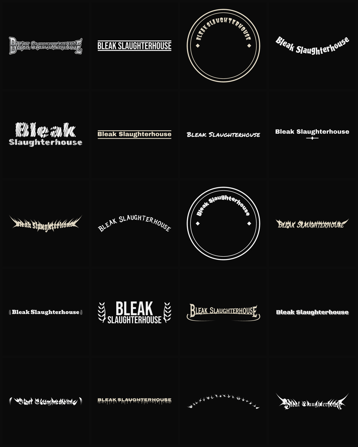Twenty Bleak Slaughterhouse band logo ideas — different faces, treatments and spike settings