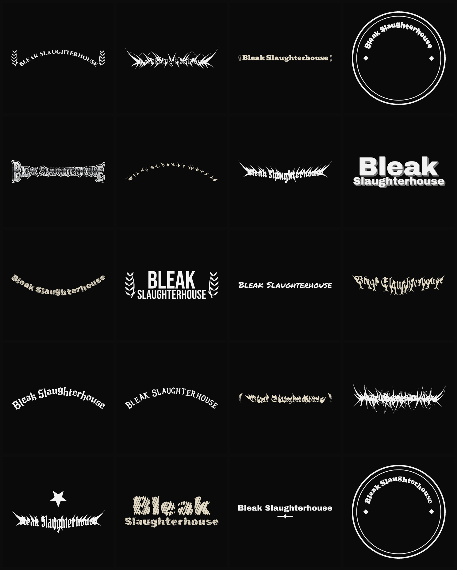 Twenty Bleak Slaughterhouse band logo ideas — different faces, treatments and spike settings