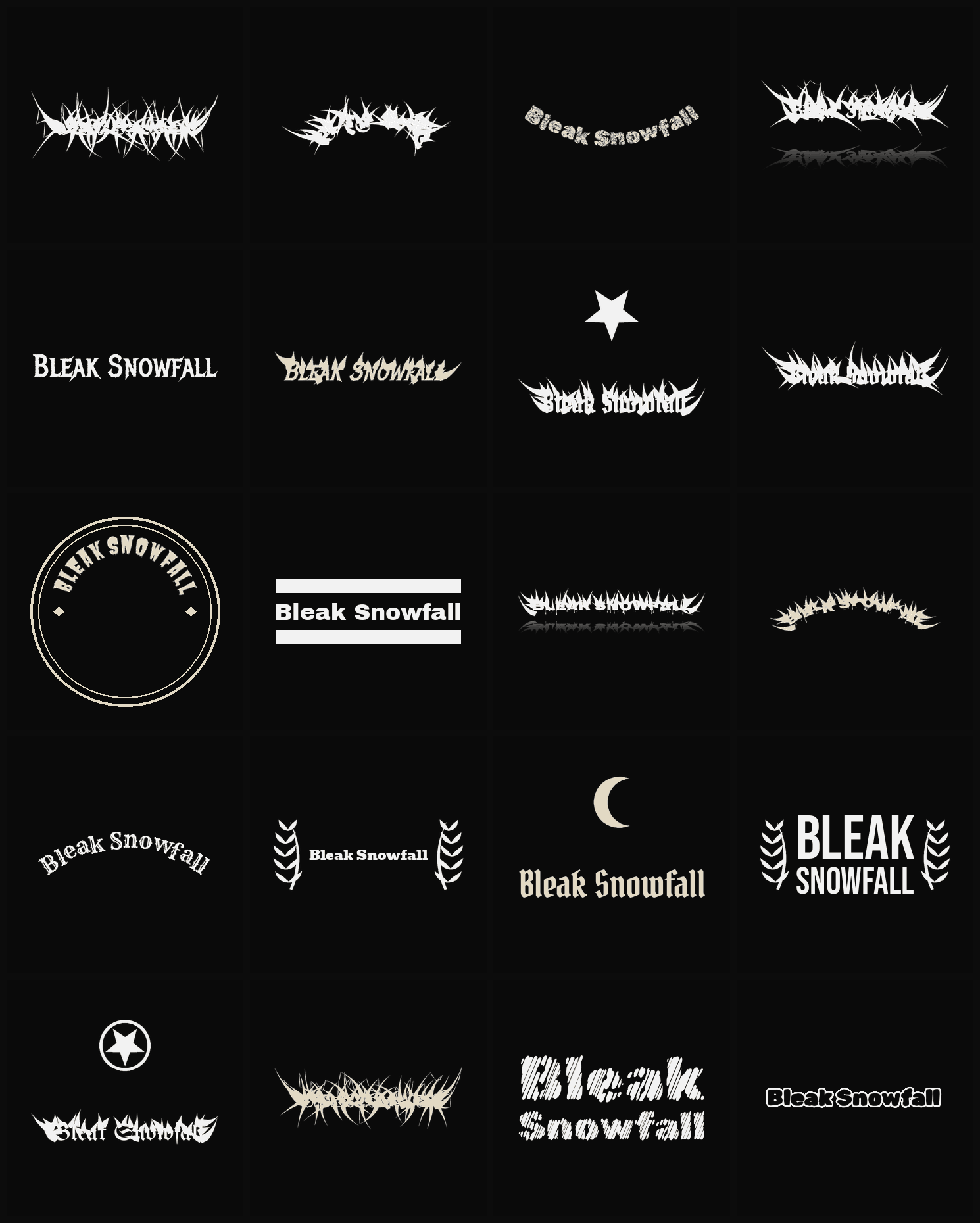 Twenty Bleak Snowfall band logo ideas — different faces, treatments and spike settings