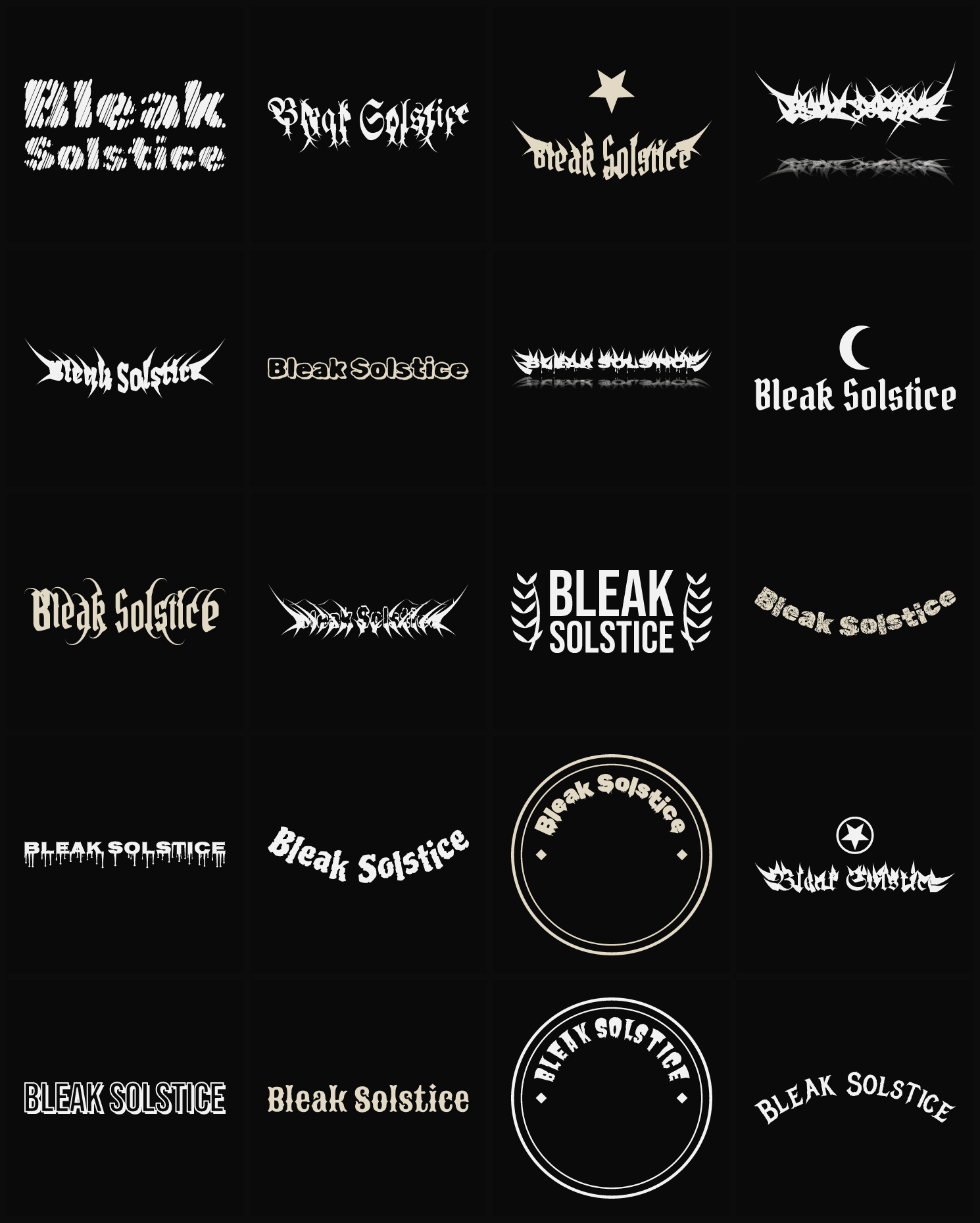 Twenty Bleak Solstice band logo ideas — different faces, treatments and spike settings