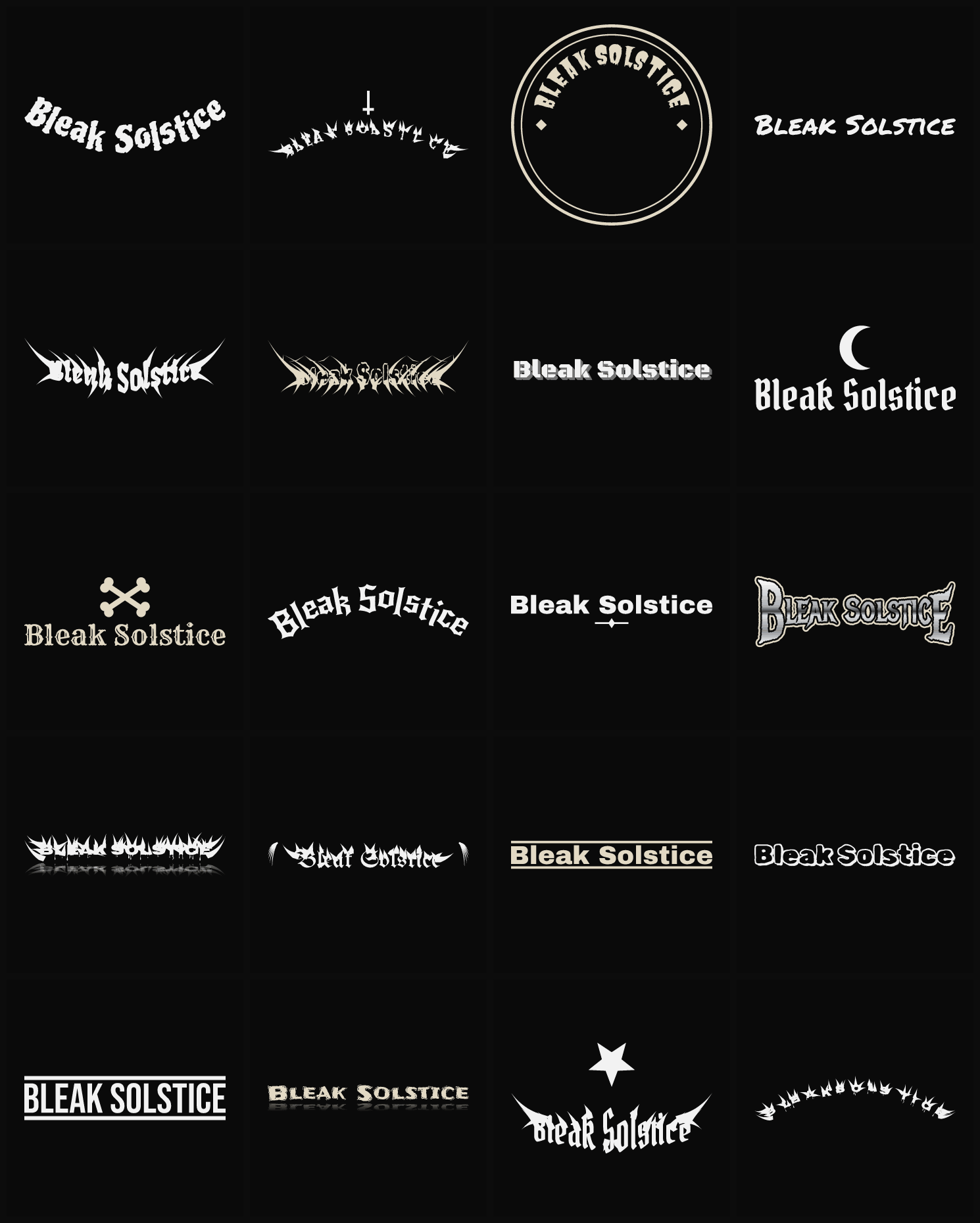 Twenty Bleak Solstice band logo ideas — different faces, treatments and spike settings