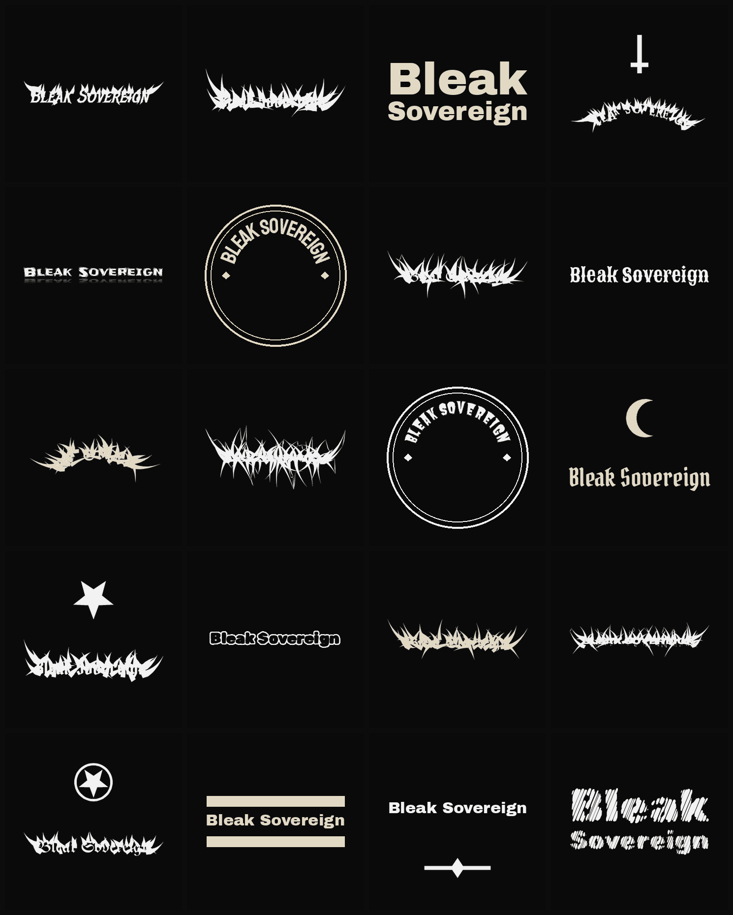 Twenty Bleak Sovereign band logo ideas — different faces, treatments and spike settings