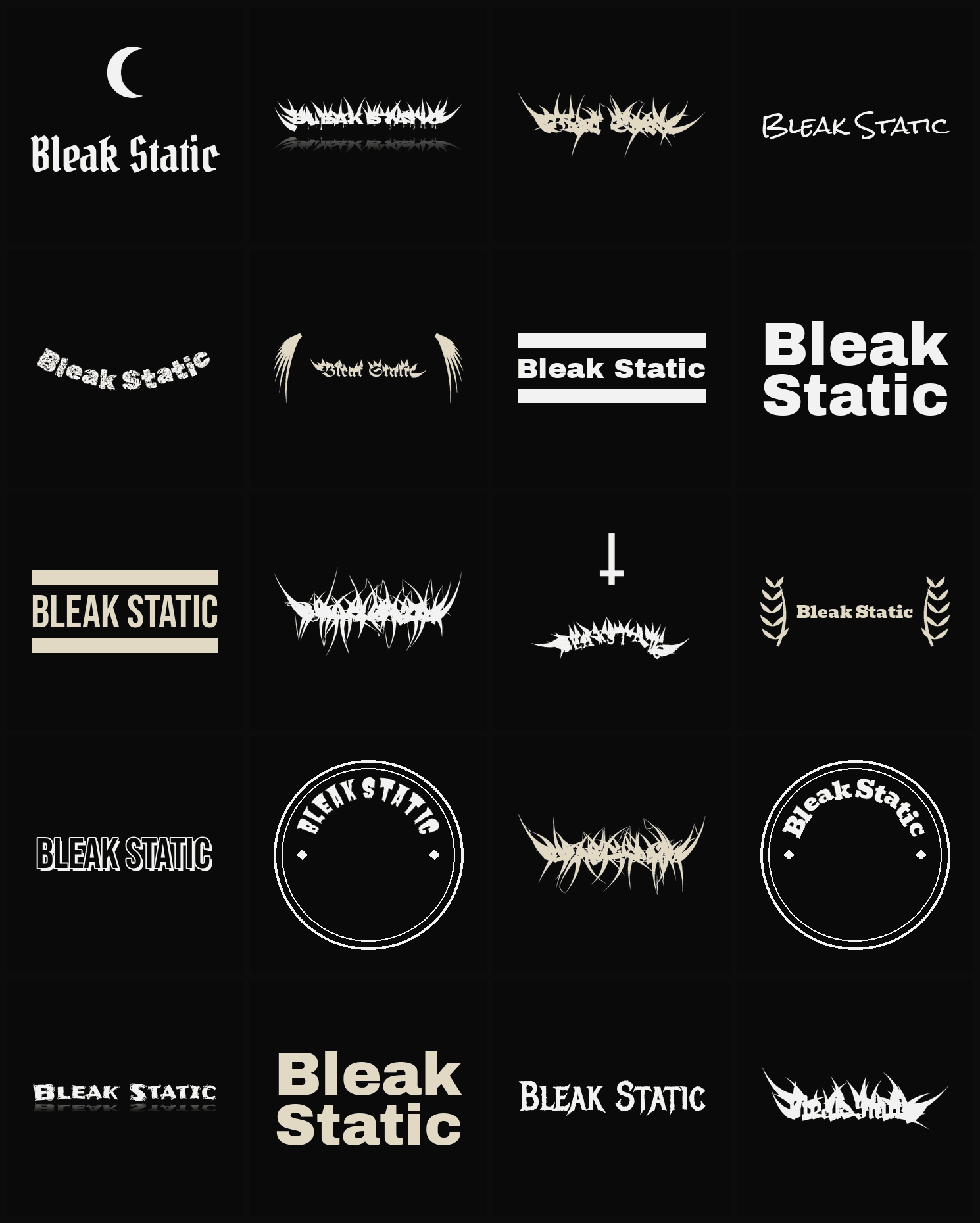 Twenty Bleak Static band logo ideas — different faces, treatments and spike settings