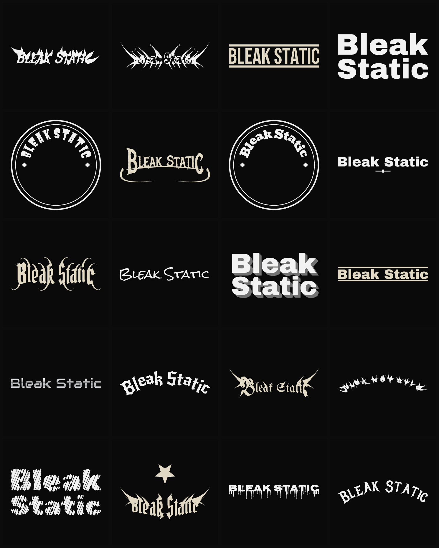 Twenty Bleak Static band logo ideas — different faces, treatments and spike settings