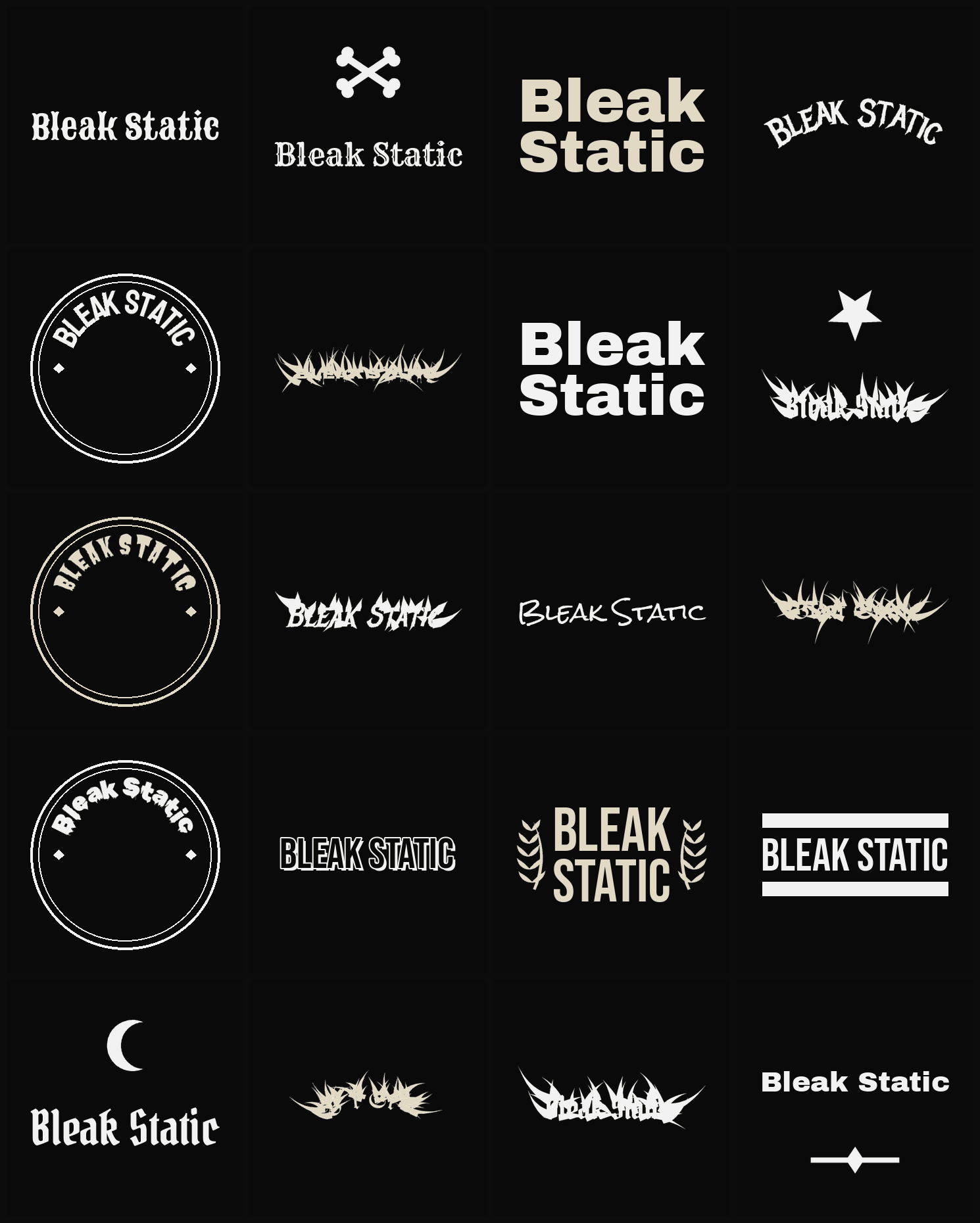 Twenty Bleak Static band logo ideas — different faces, treatments and spike settings
