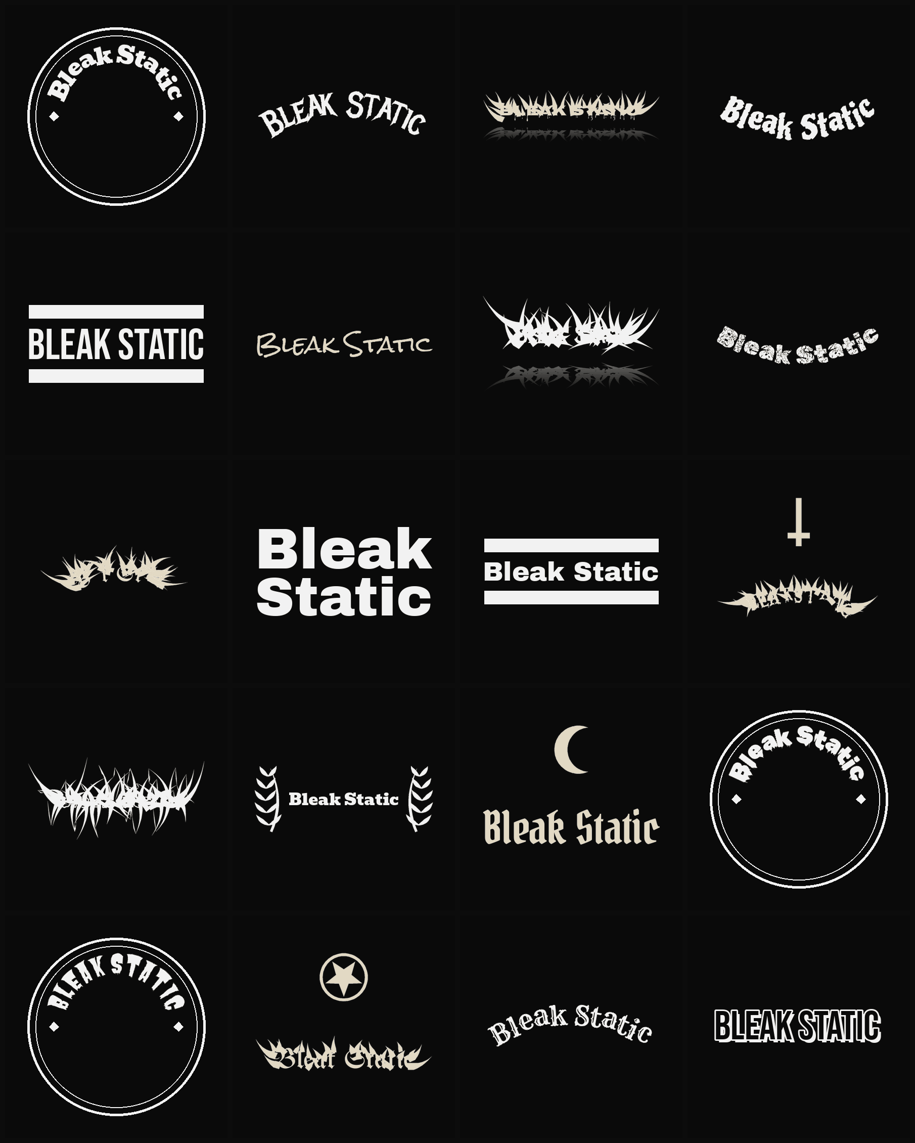 Twenty Bleak Static band logo ideas — different faces, treatments and spike settings