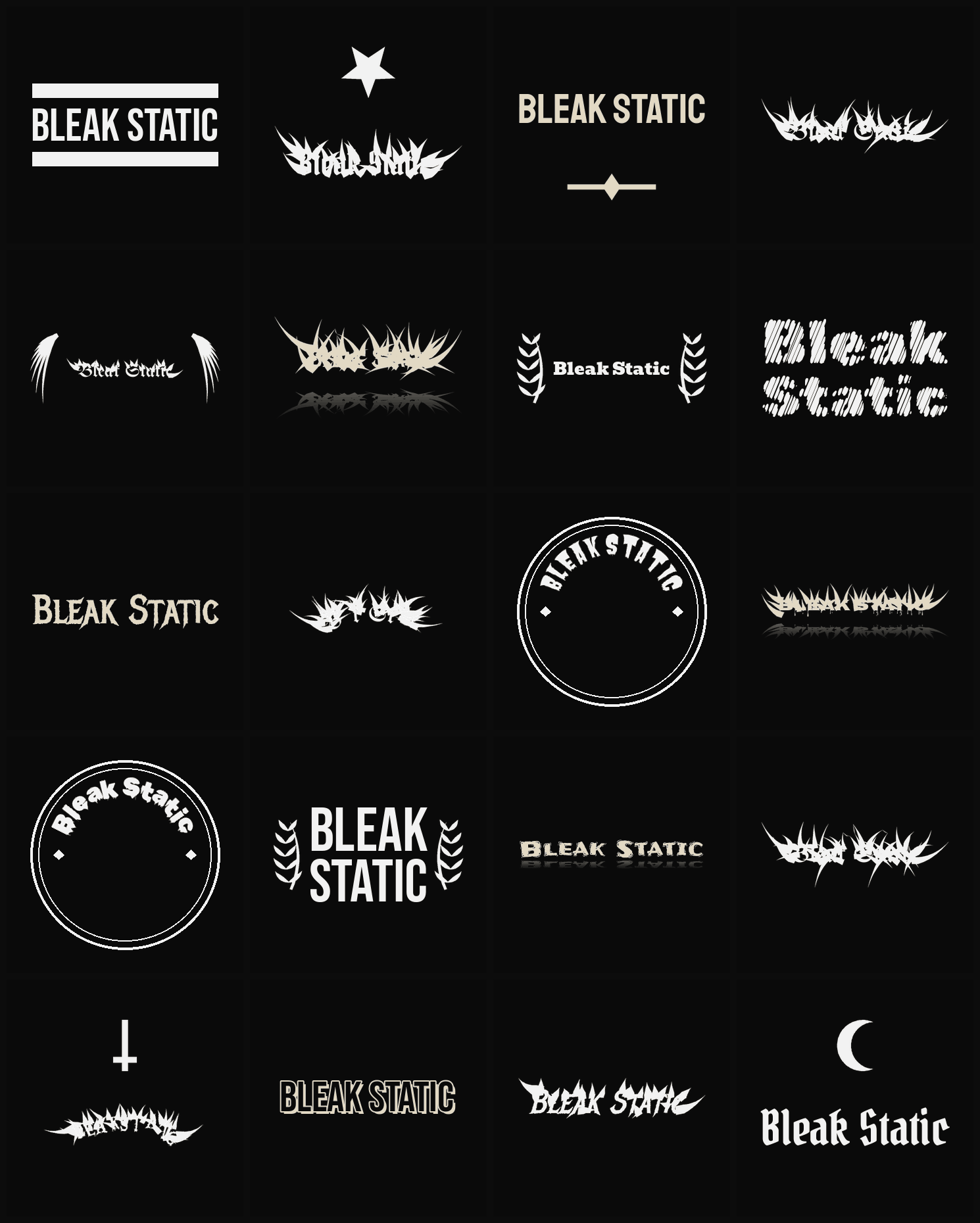 Twenty Bleak Static band logo ideas — different faces, treatments and spike settings