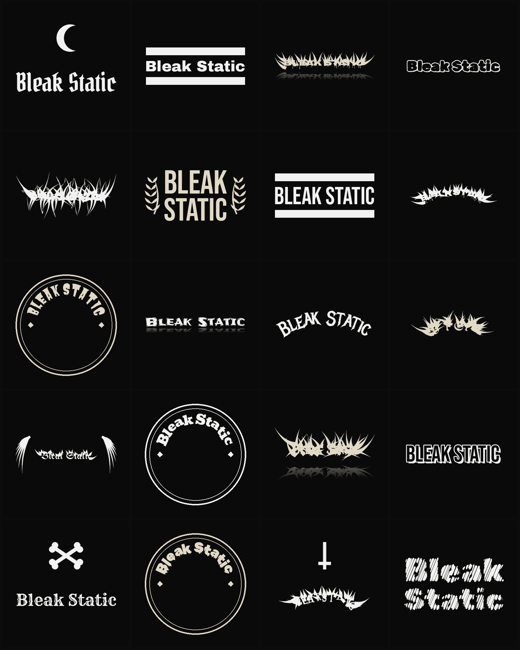 Twenty Bleak Static band logo ideas — different faces, treatments and spike settings