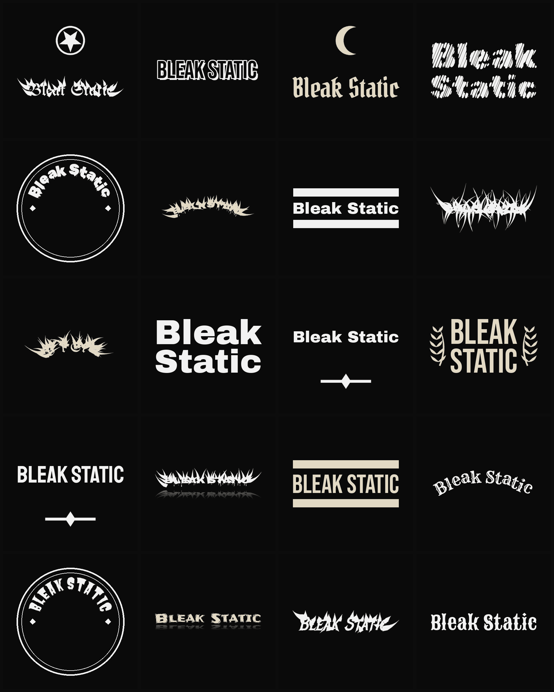 Twenty Bleak Static band logo ideas — different faces, treatments and spike settings