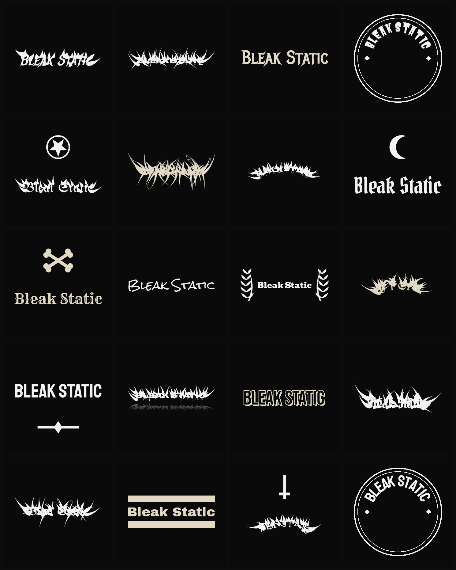 Twenty Bleak Static band logo ideas — different faces, treatments and spike settings