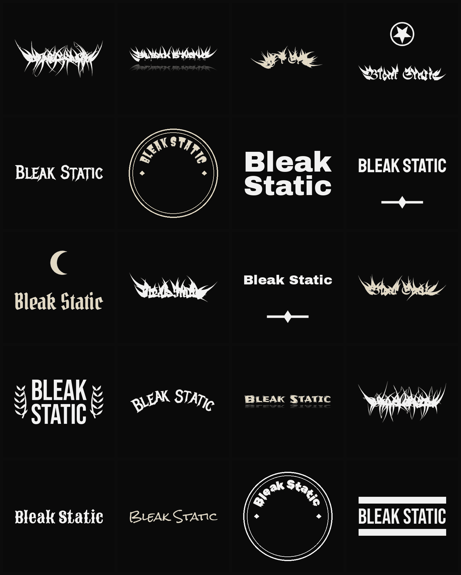 Twenty Bleak Static band logo ideas — different faces, treatments and spike settings