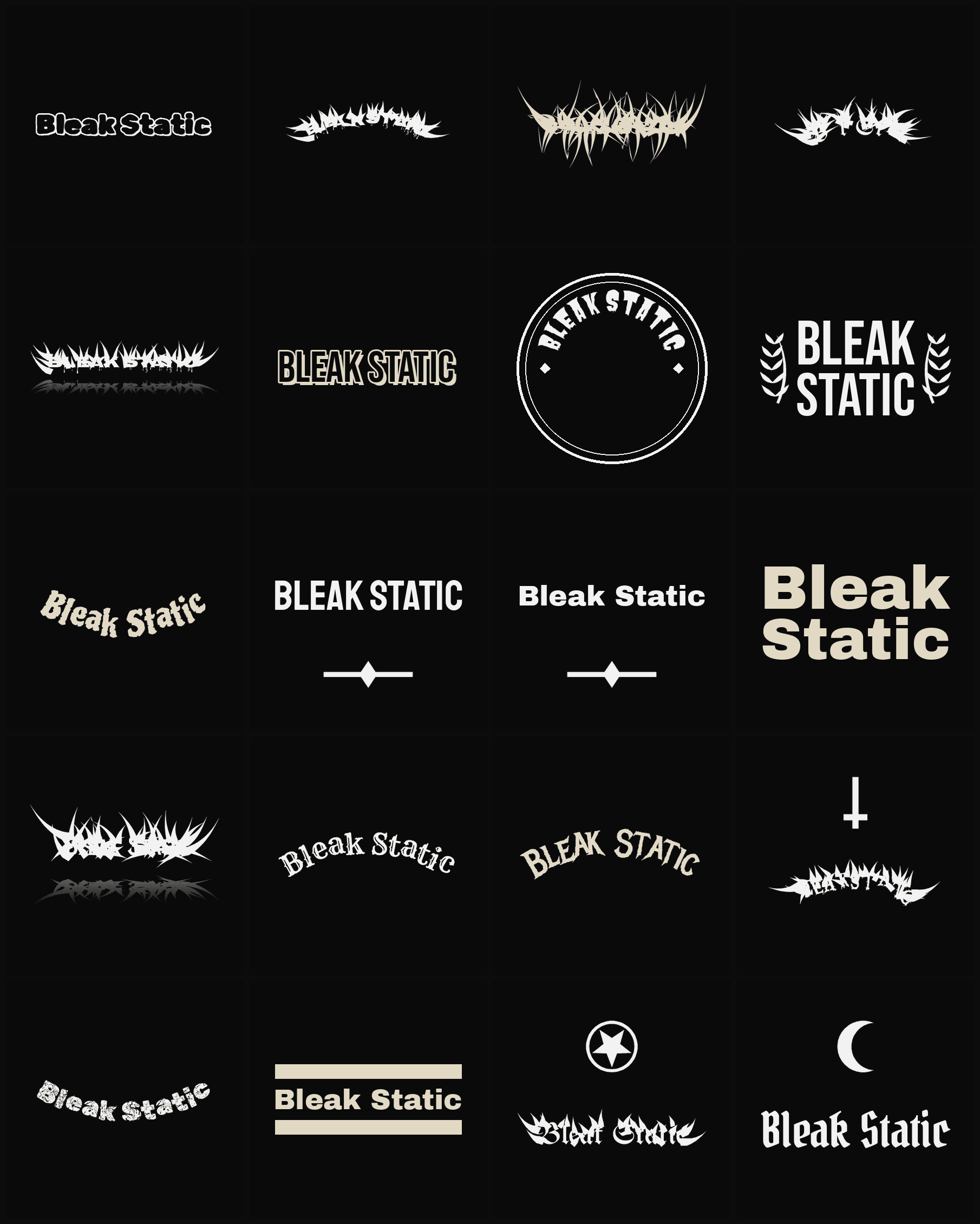 Twenty Bleak Static band logo ideas — different faces, treatments and spike settings