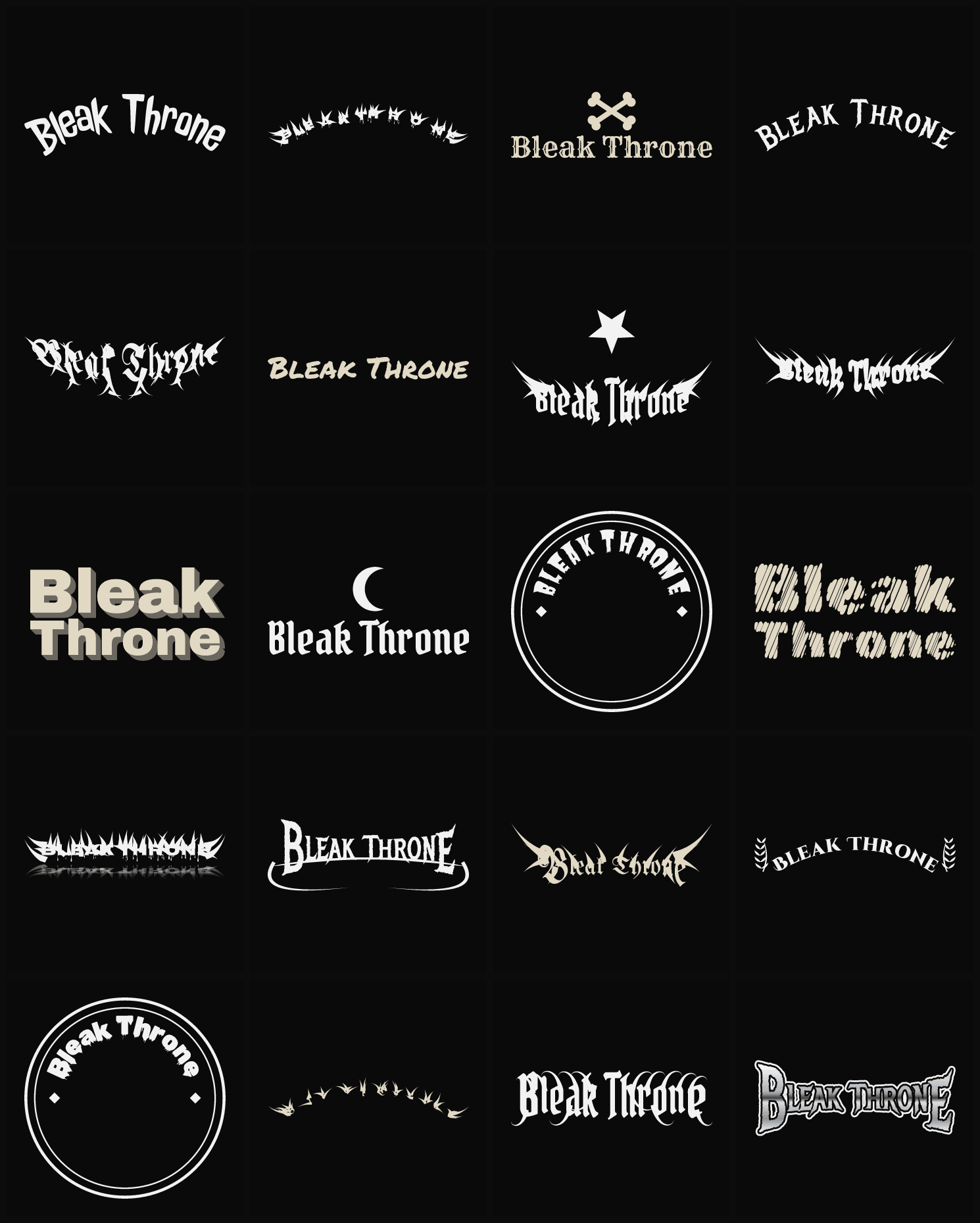 Twenty Bleak Throne band logo ideas — different faces, treatments and spike settings