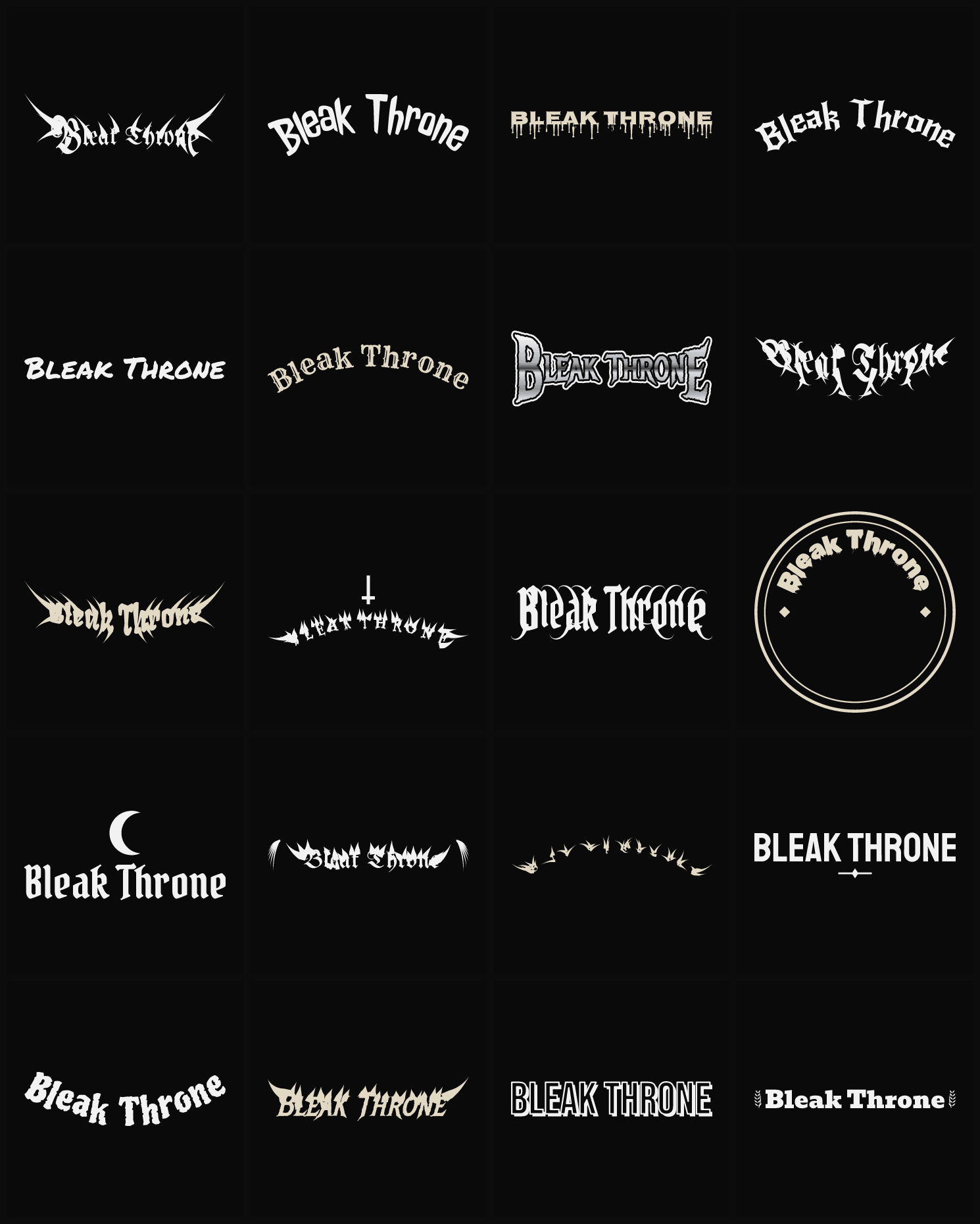 Twenty Bleak Throne band logo ideas — different faces, treatments and spike settings