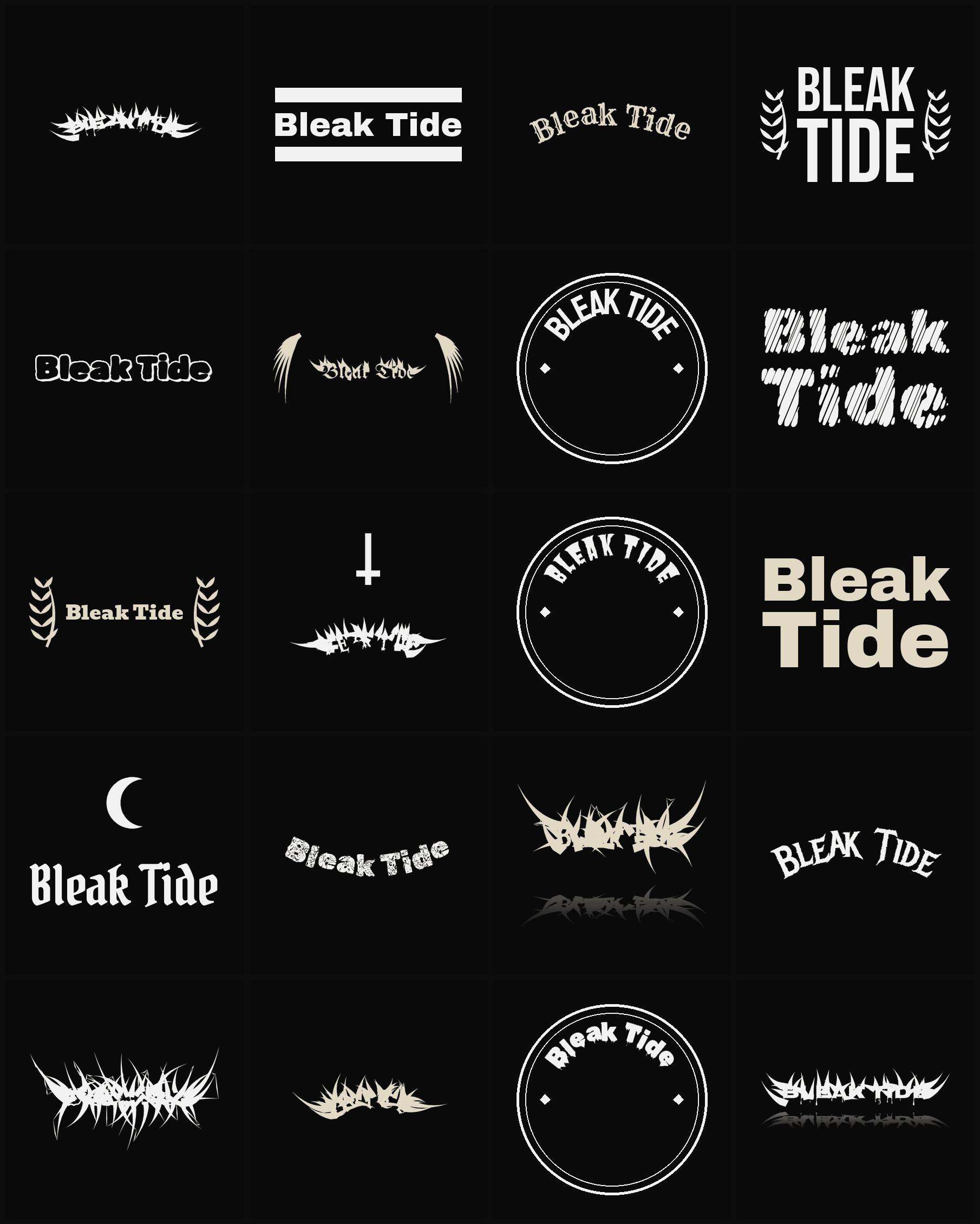 Twenty Bleak Tide band logo ideas — different faces, treatments and spike settings