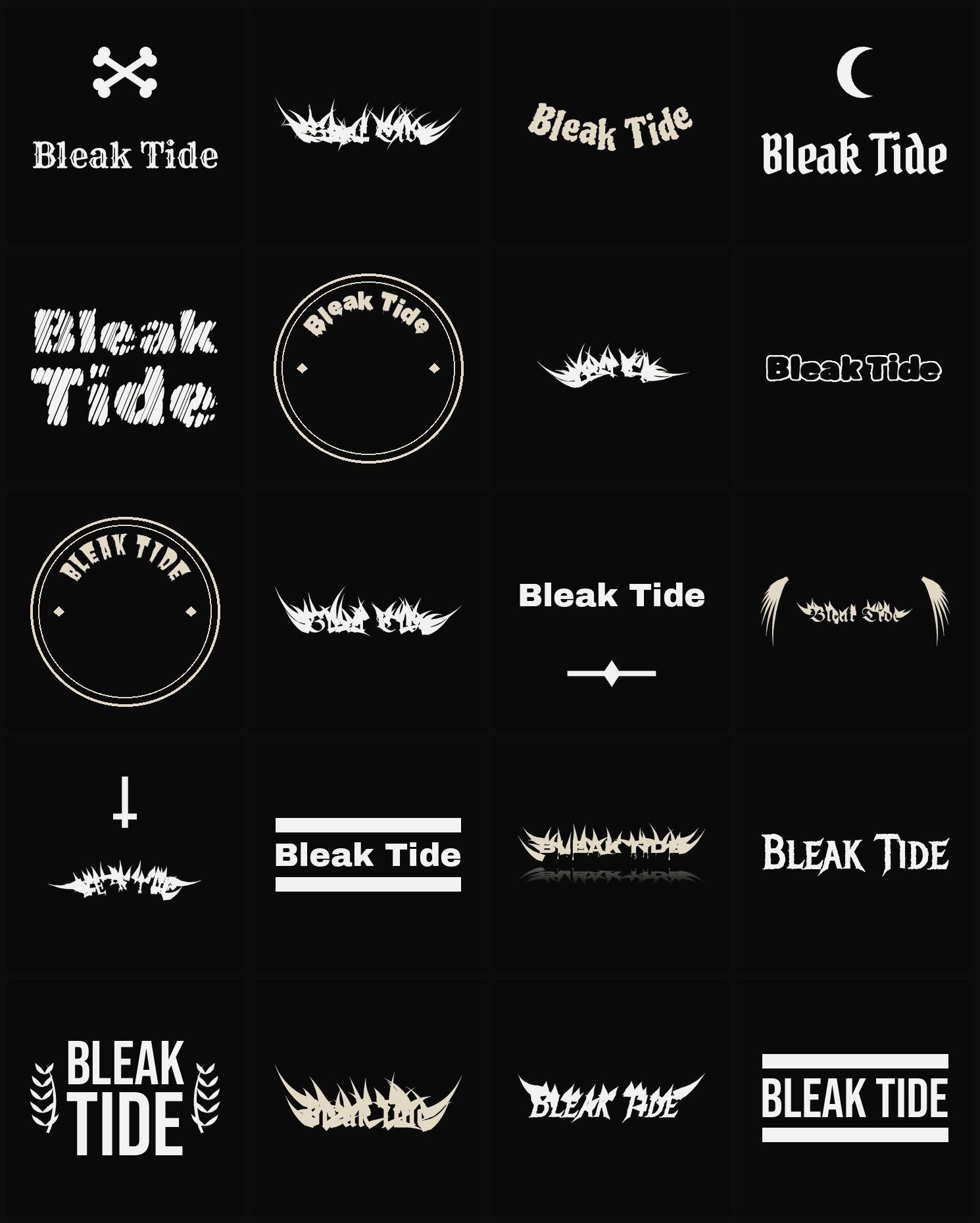 Twenty Bleak Tide band logo ideas — different faces, treatments and spike settings