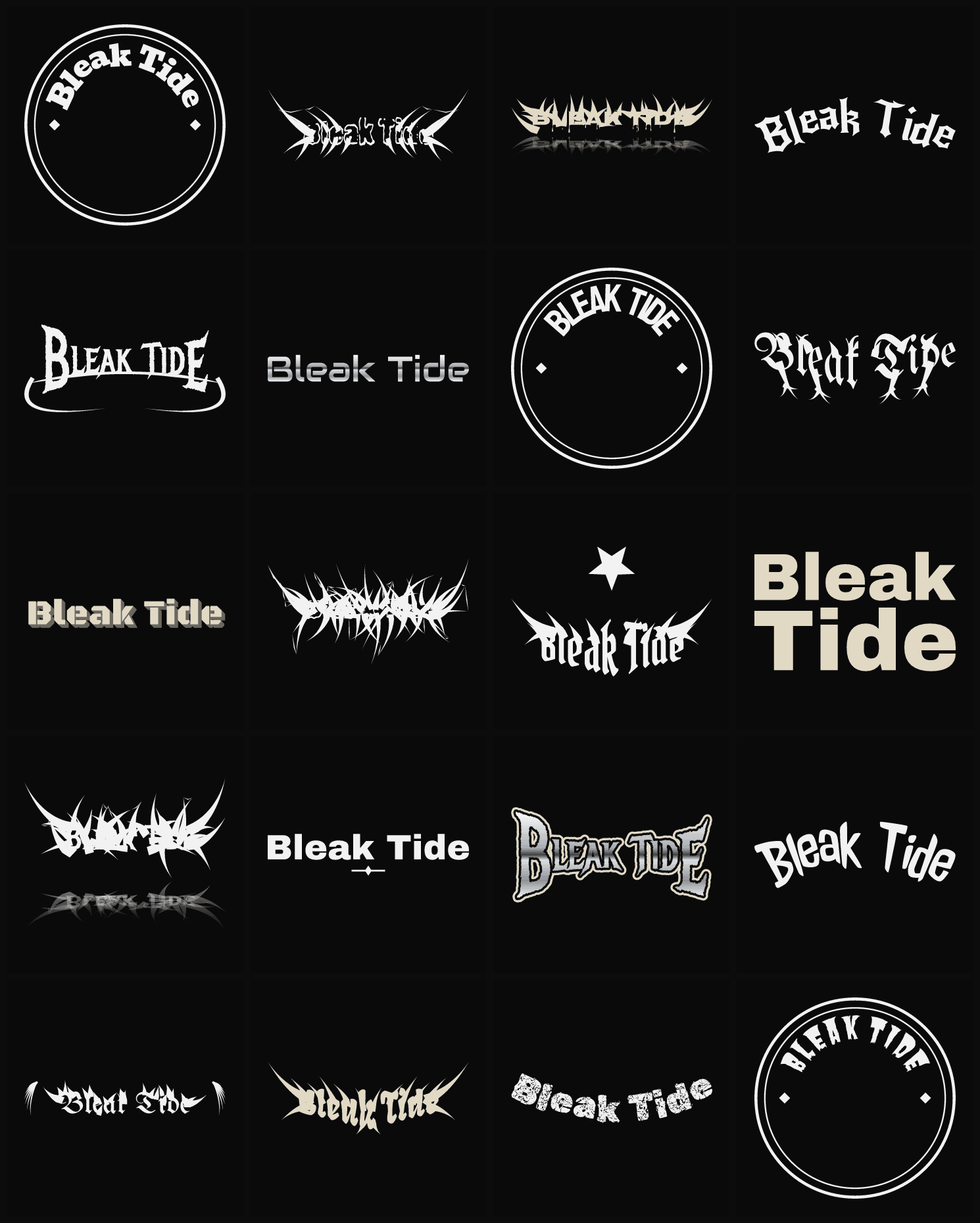 Twenty Bleak Tide band logo ideas — different faces, treatments and spike settings