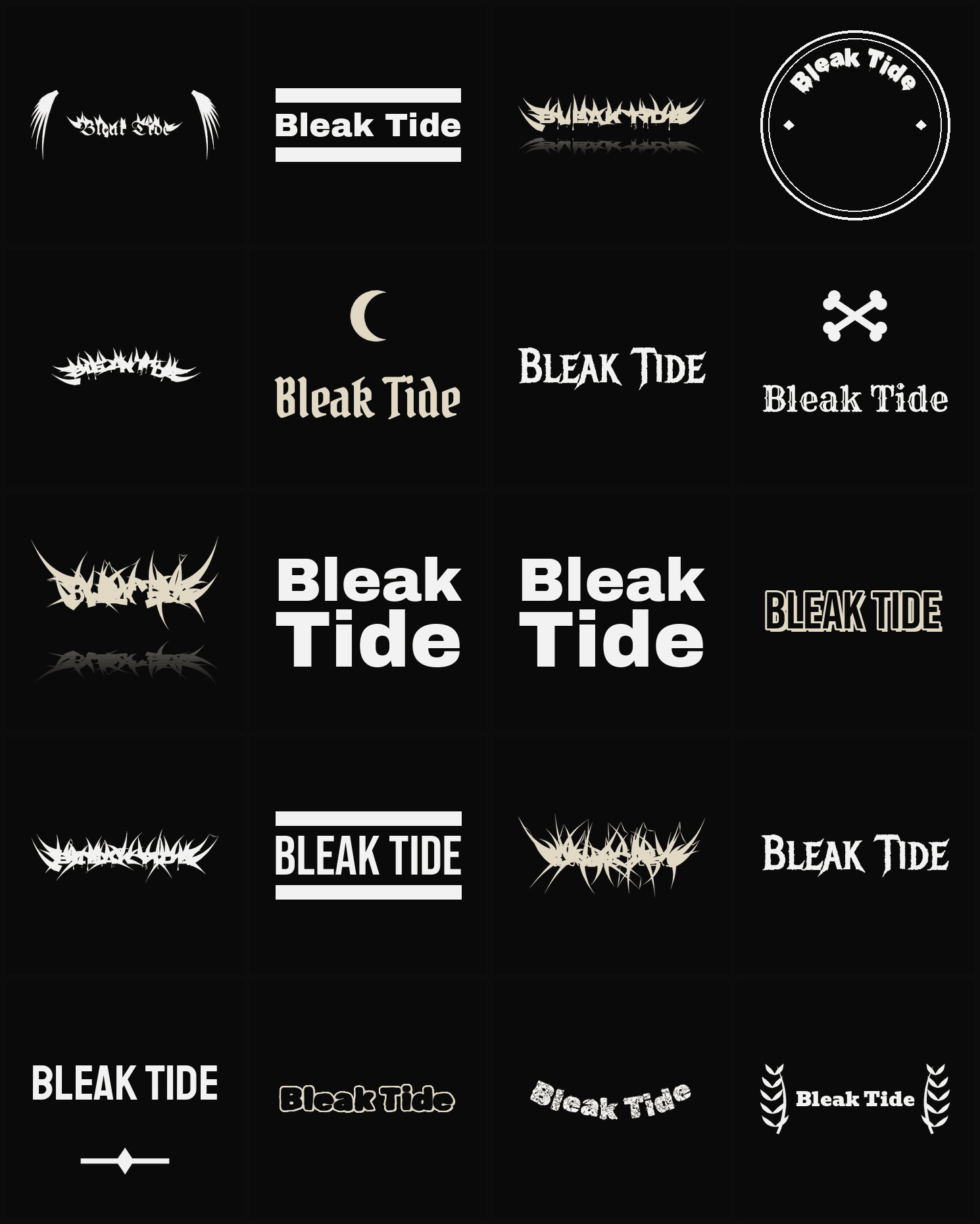 Twenty Bleak Tide band logo ideas — different faces, treatments and spike settings