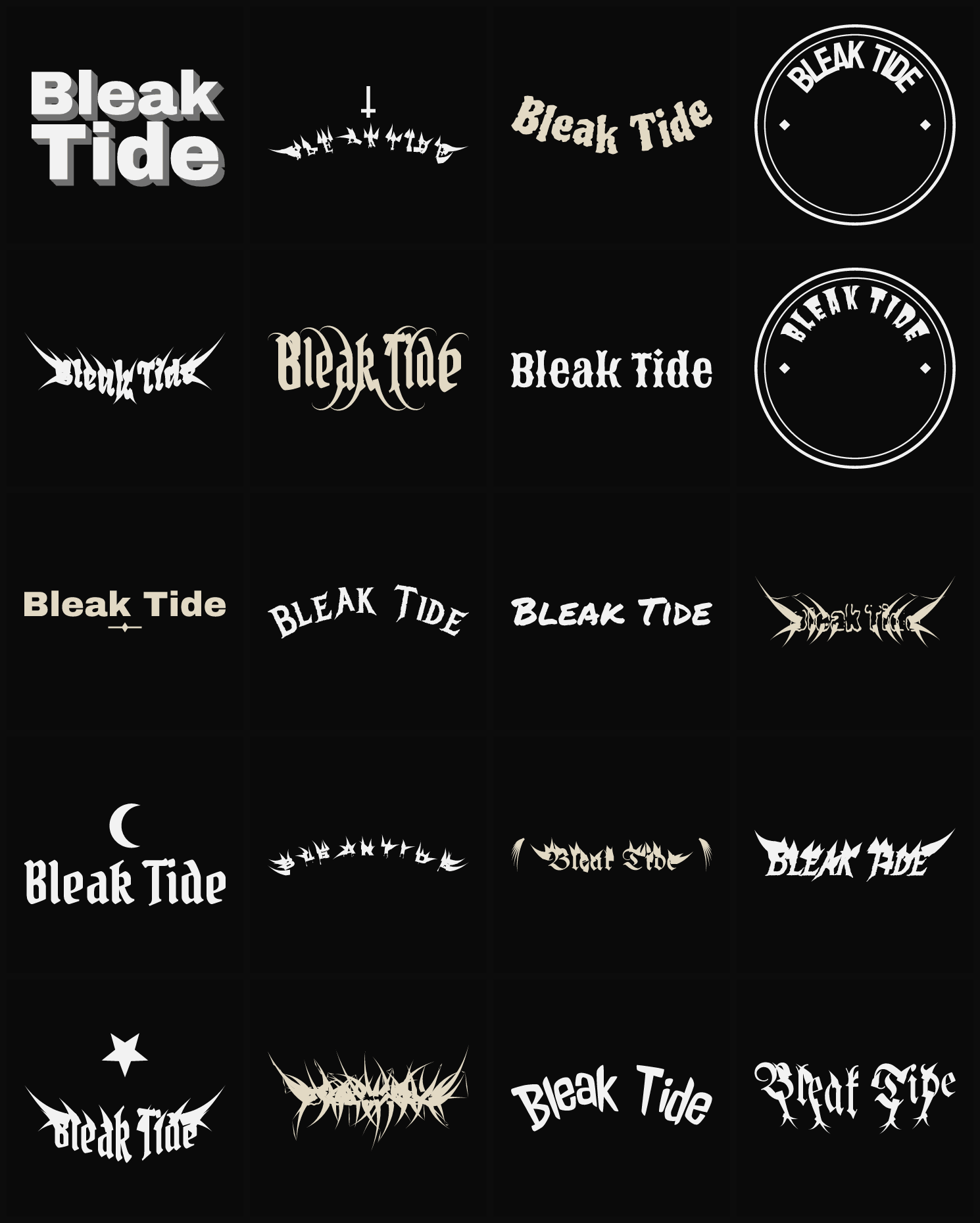 Twenty Bleak Tide band logo ideas — different faces, treatments and spike settings