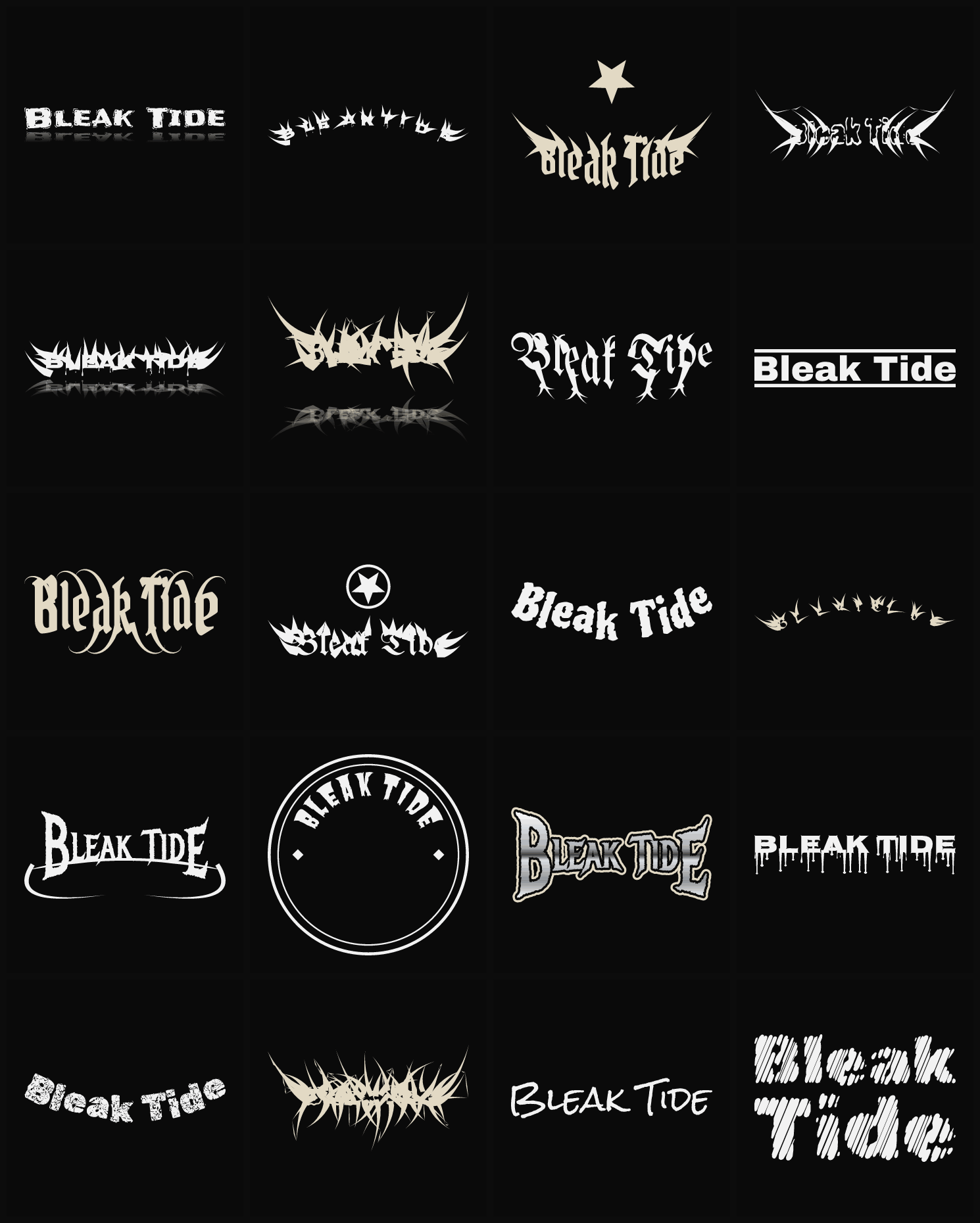 Twenty Bleak Tide band logo ideas — different faces, treatments and spike settings