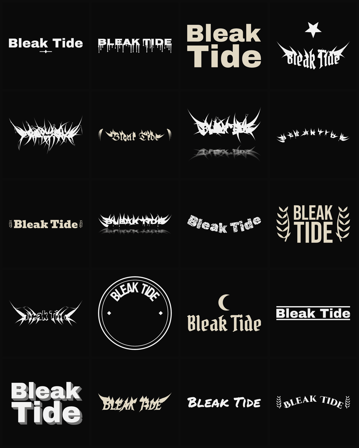 Twenty Bleak Tide band logo ideas — different faces, treatments and spike settings