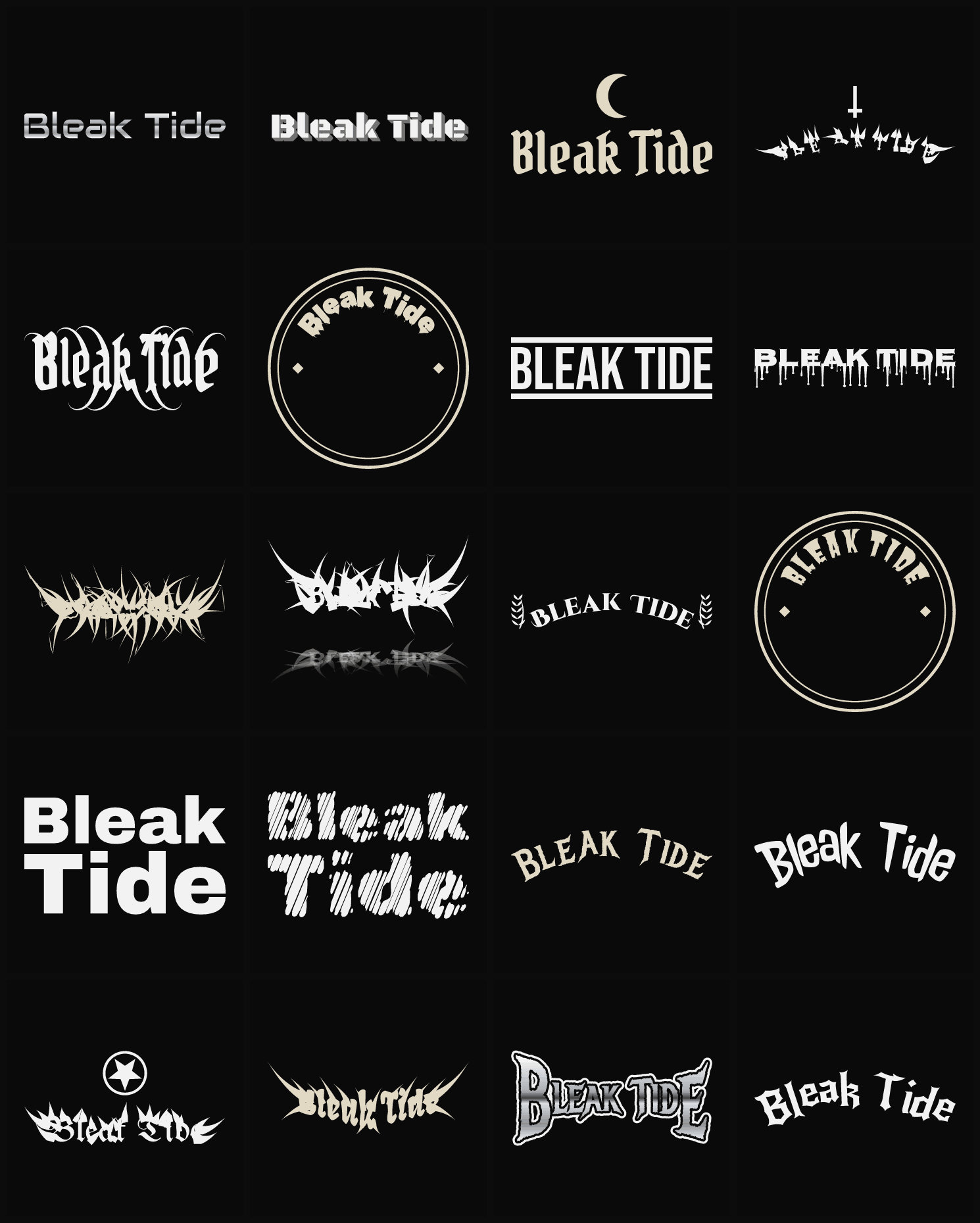 Twenty Bleak Tide band logo ideas — different faces, treatments and spike settings