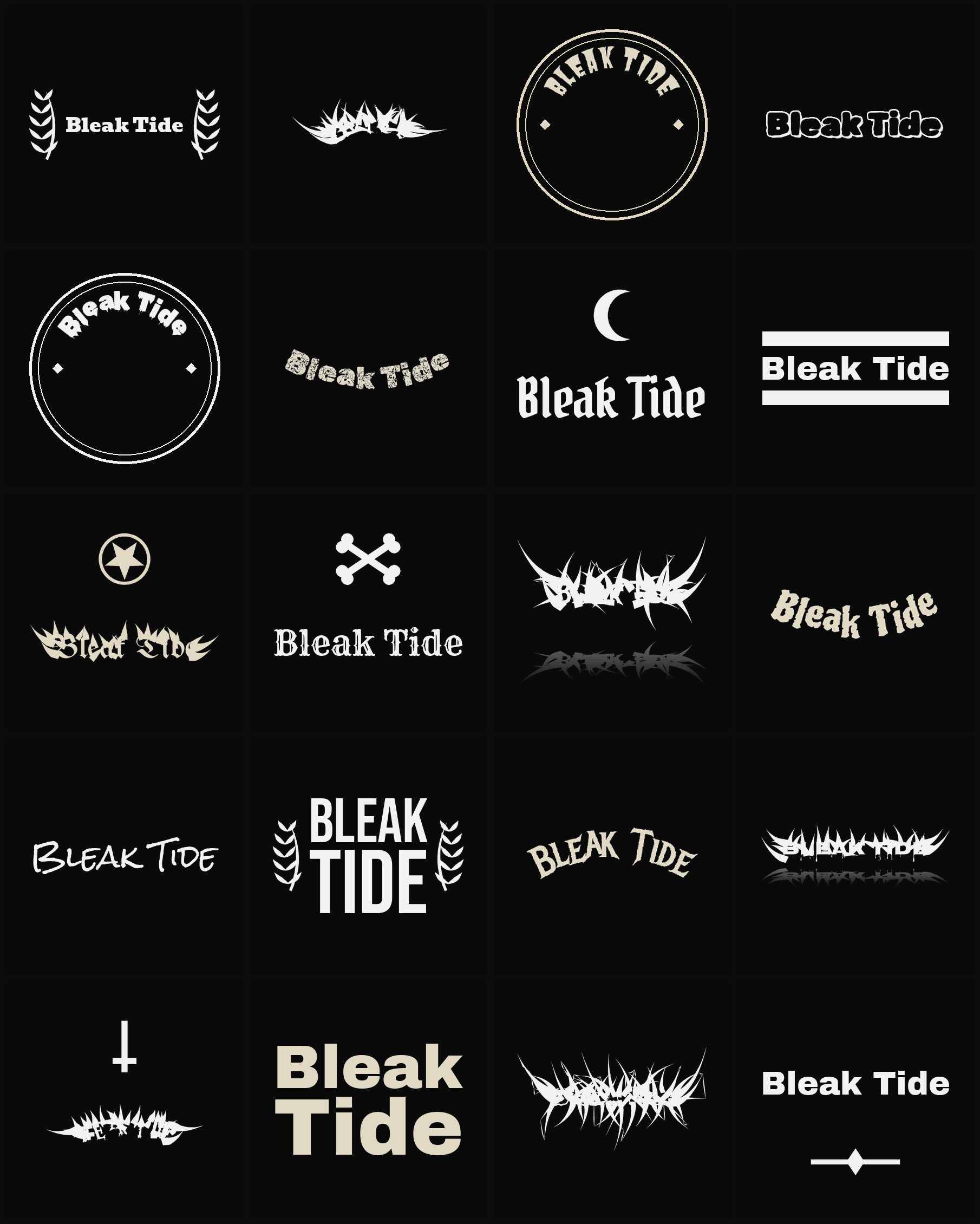 Twenty Bleak Tide band logo ideas — different faces, treatments and spike settings