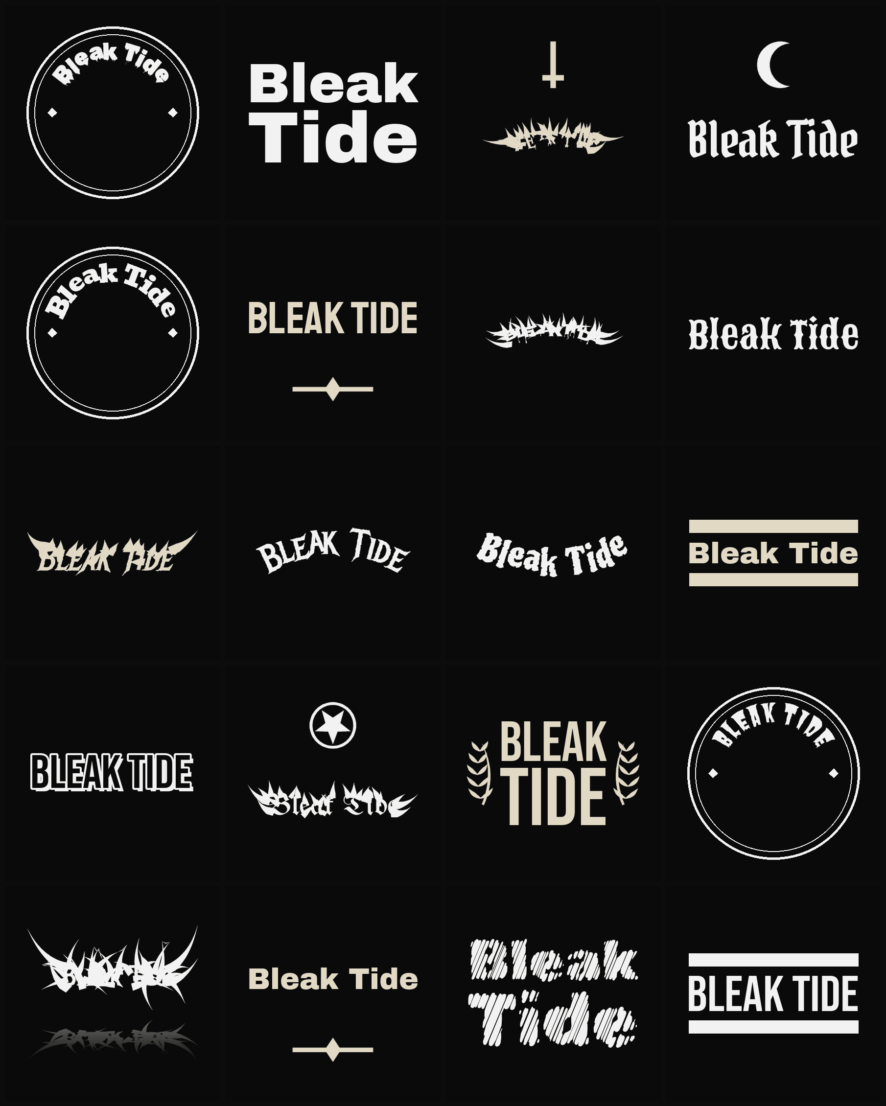 Twenty Bleak Tide band logo ideas — different faces, treatments and spike settings