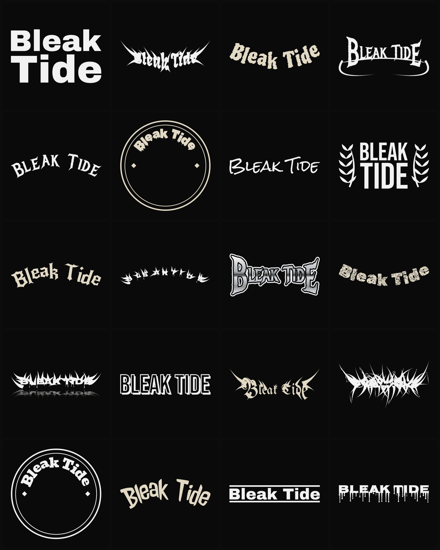 Twenty Bleak Tide band logo ideas — different faces, treatments and spike settings