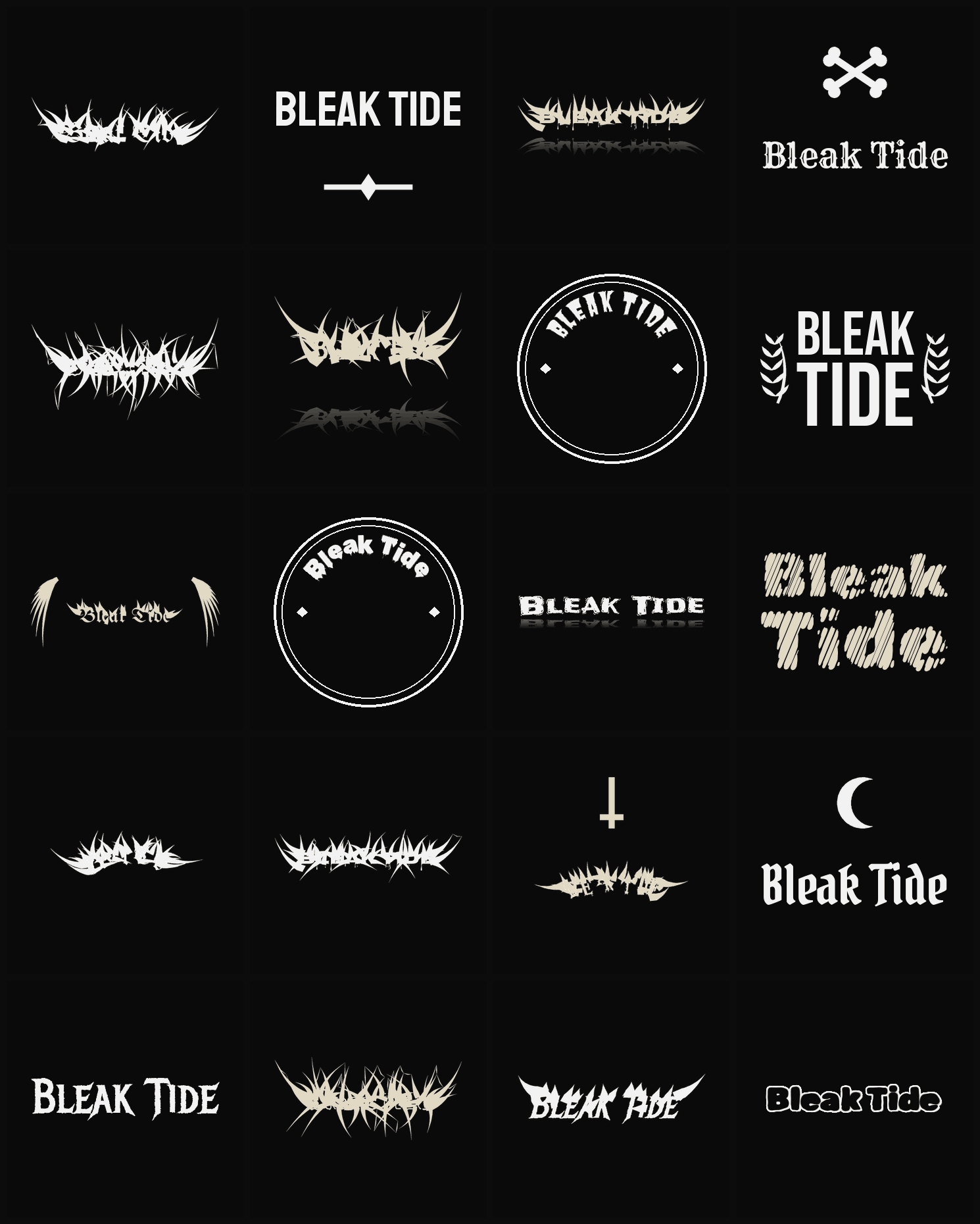 Twenty Bleak Tide band logo ideas — different faces, treatments and spike settings