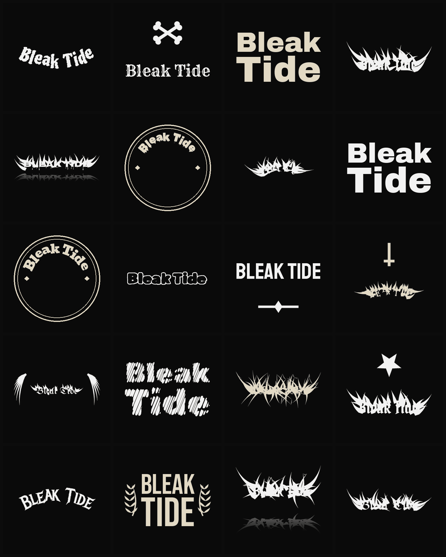 Twenty Bleak Tide band logo ideas — different faces, treatments and spike settings