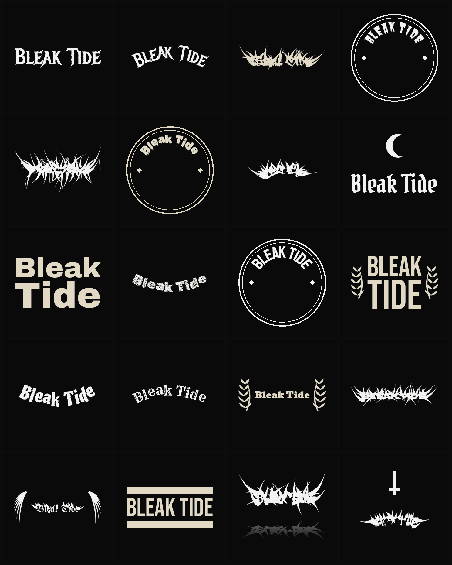 Twenty Bleak Tide band logo ideas — different faces, treatments and spike settings